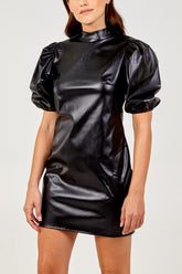 PU High Neck Balloon Sleeve Dress