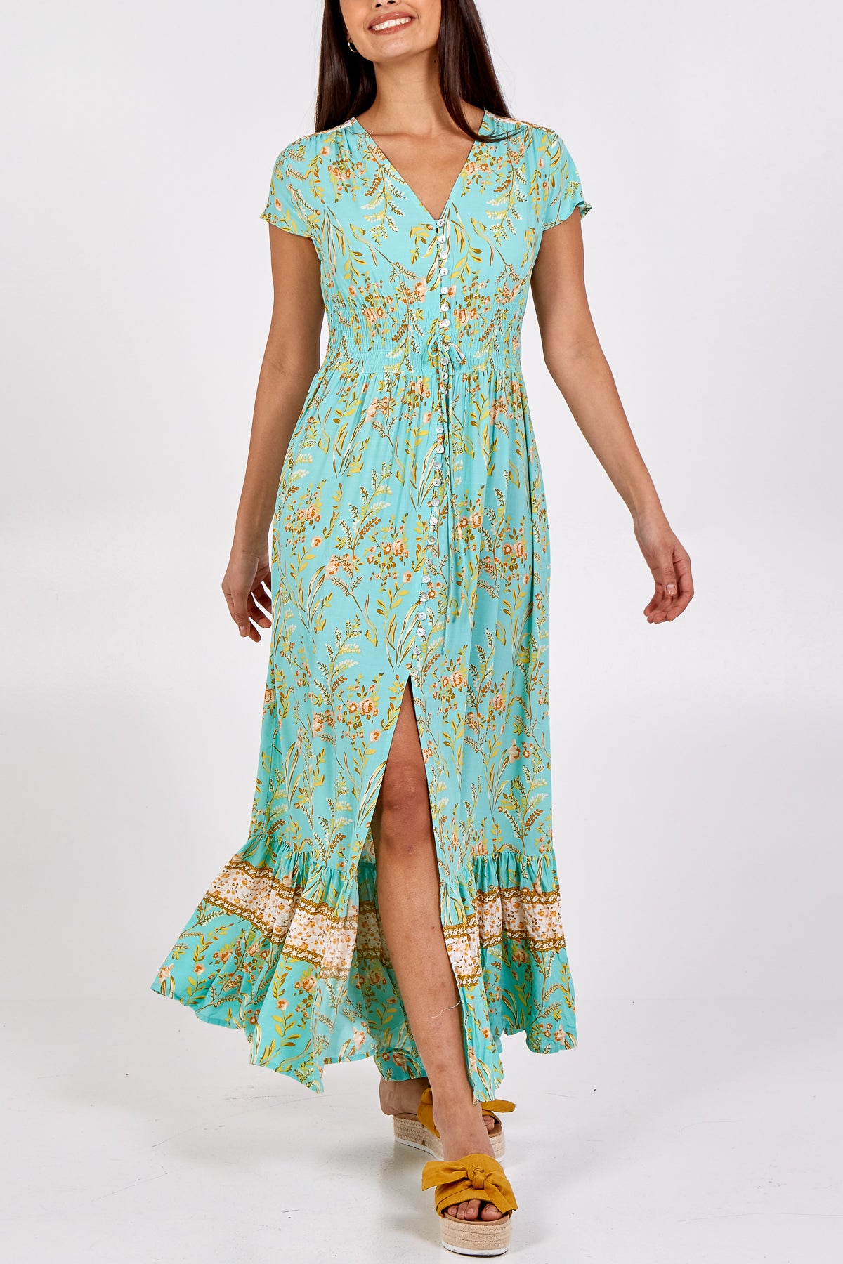Floral Shirring Waist Button Through Dress