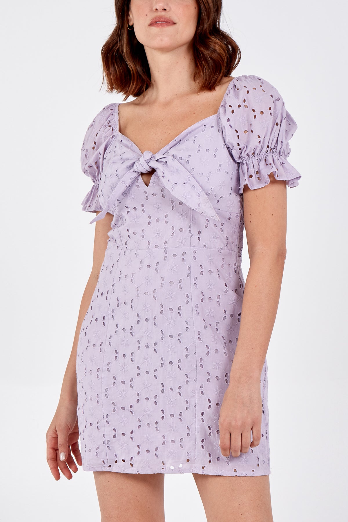 Tie Front Bodycon Dress With Puff Sleeve