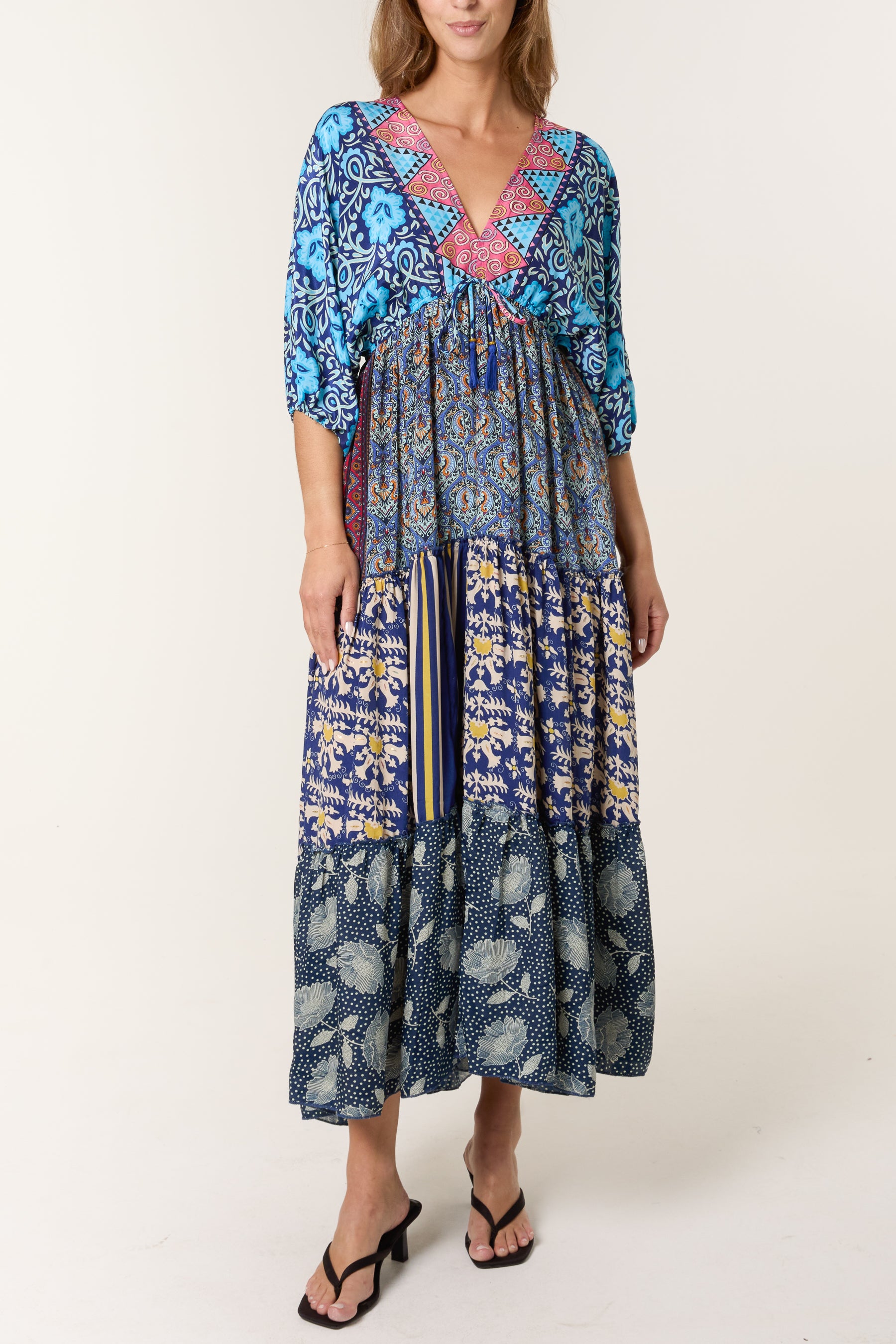 Random Mixed Print Double V-Neck Dress