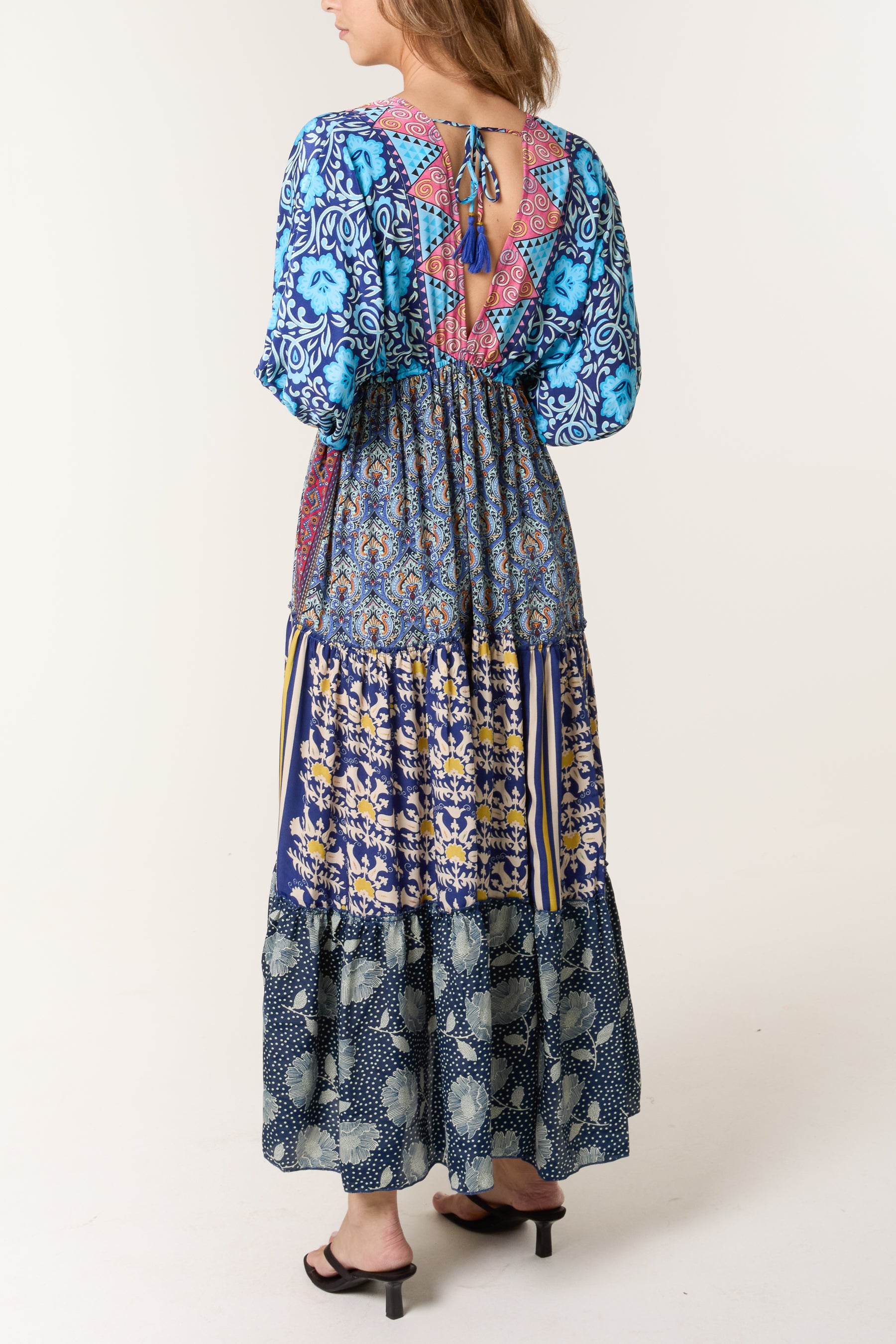 Random Mixed Print Double V-Neck Dress