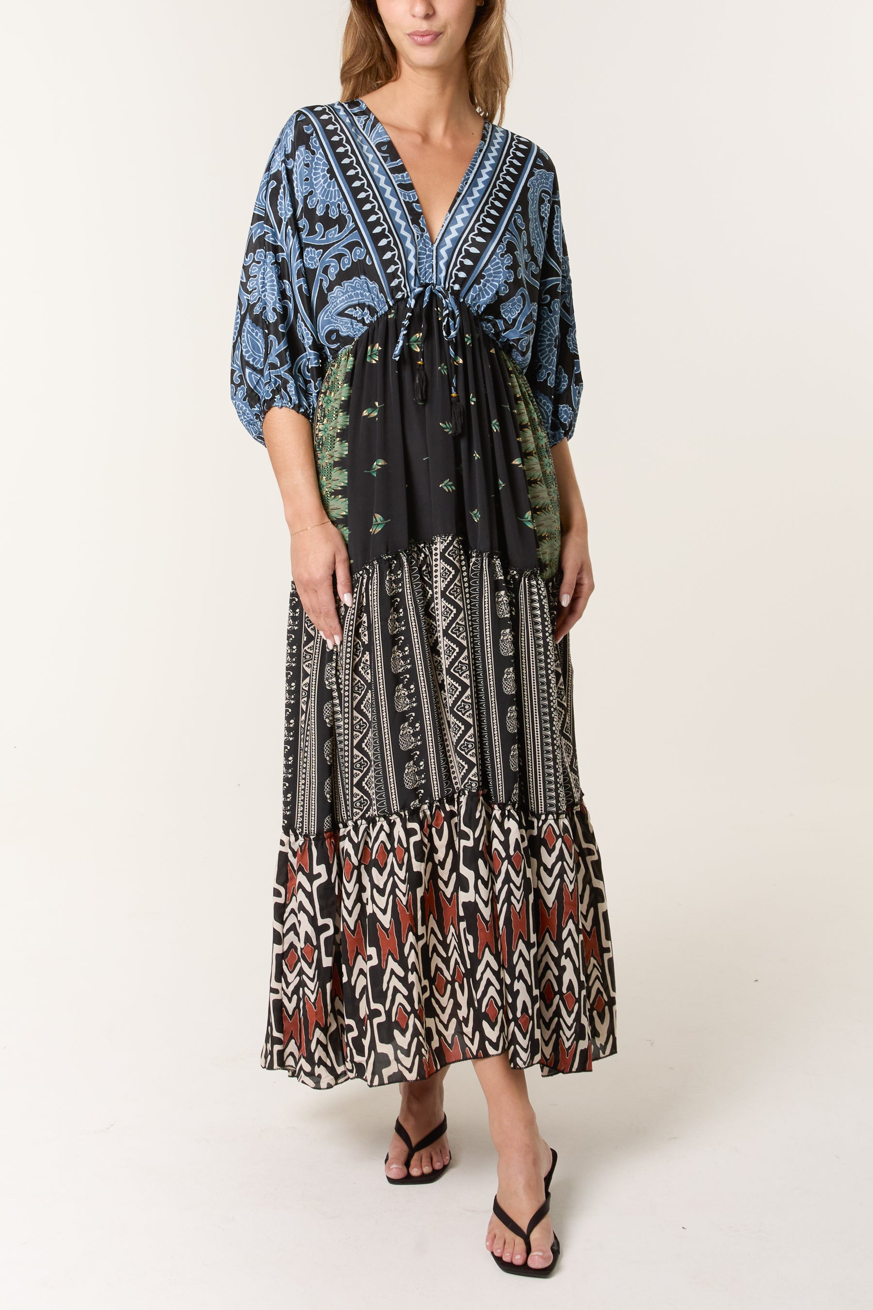 Random Mixed Print Double V-Neck Dress