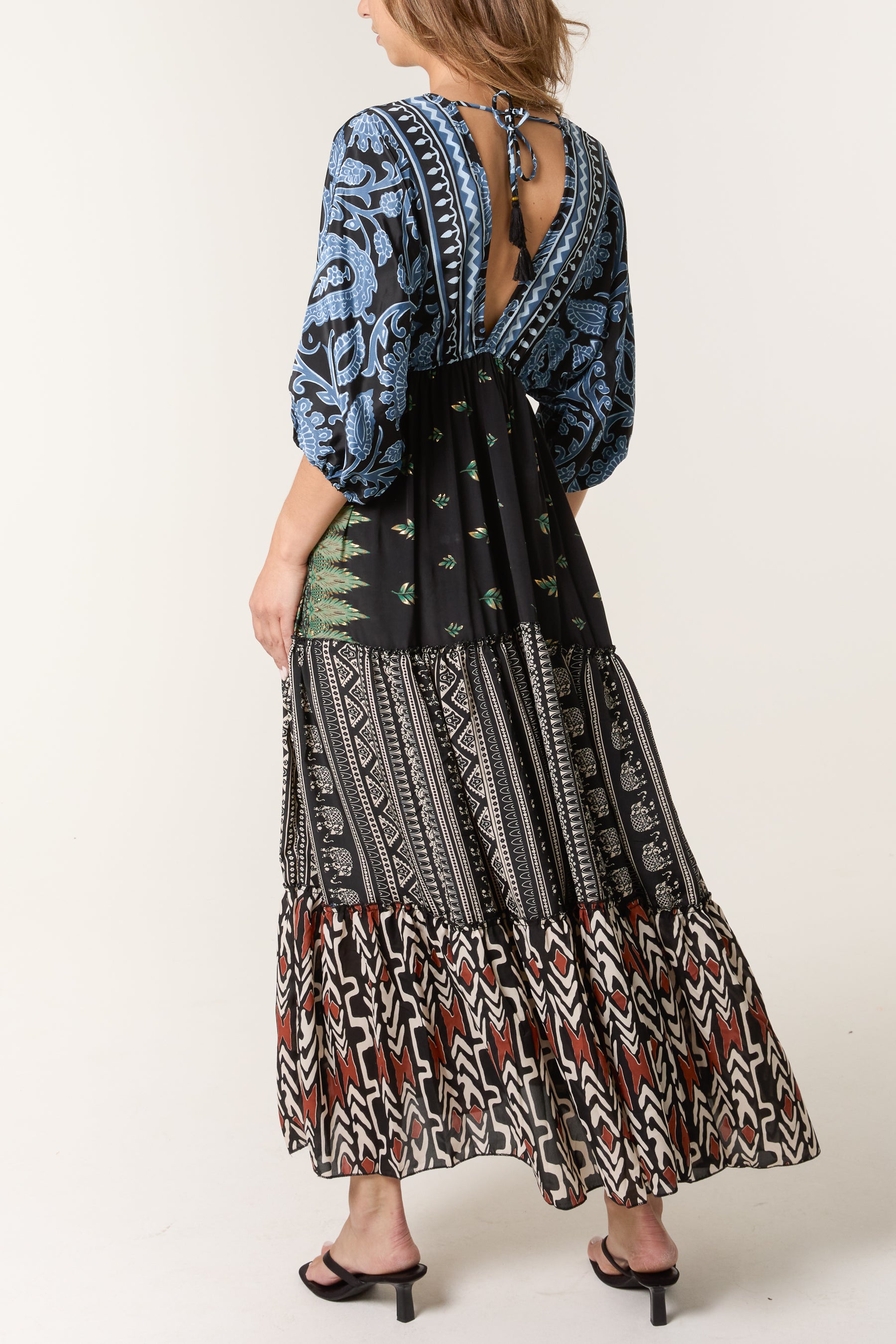 Random Mixed Print Double V-Neck Dress