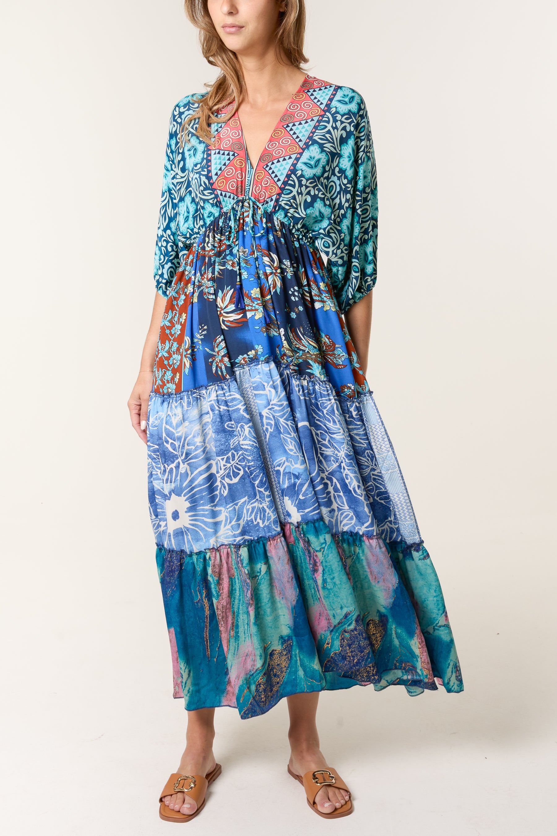 Random Mixed Print Double V-Neck Dress