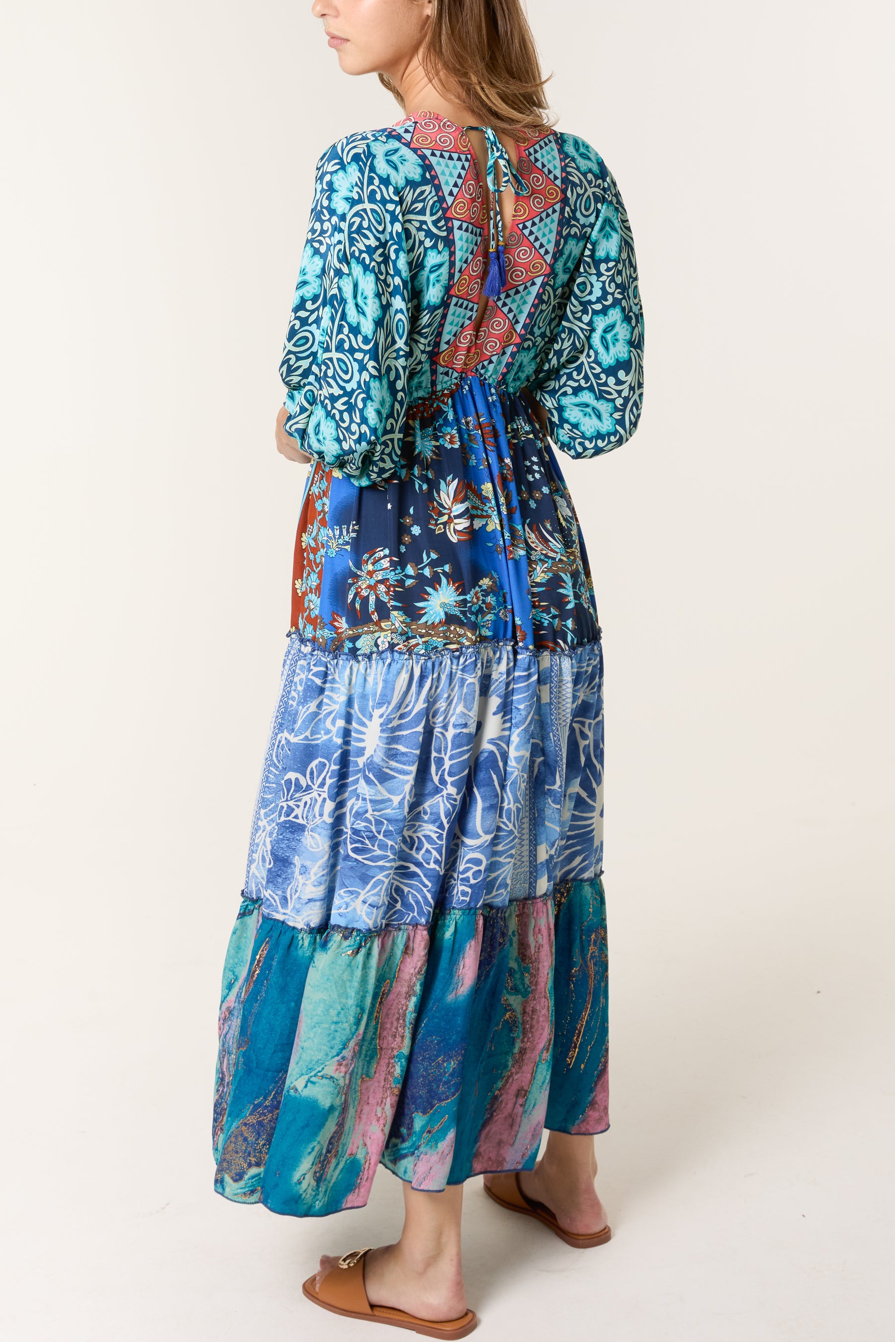 Random Mixed Print Double V-Neck Dress