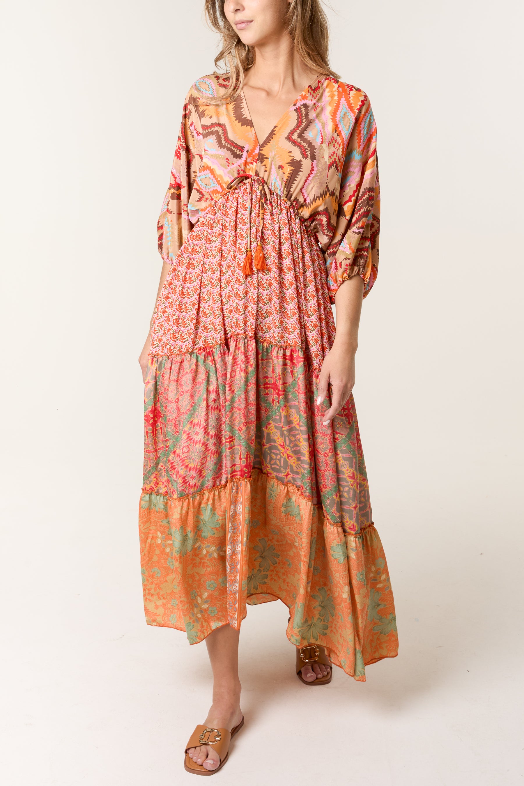 Random Mixed Print Double V-Neck Dress