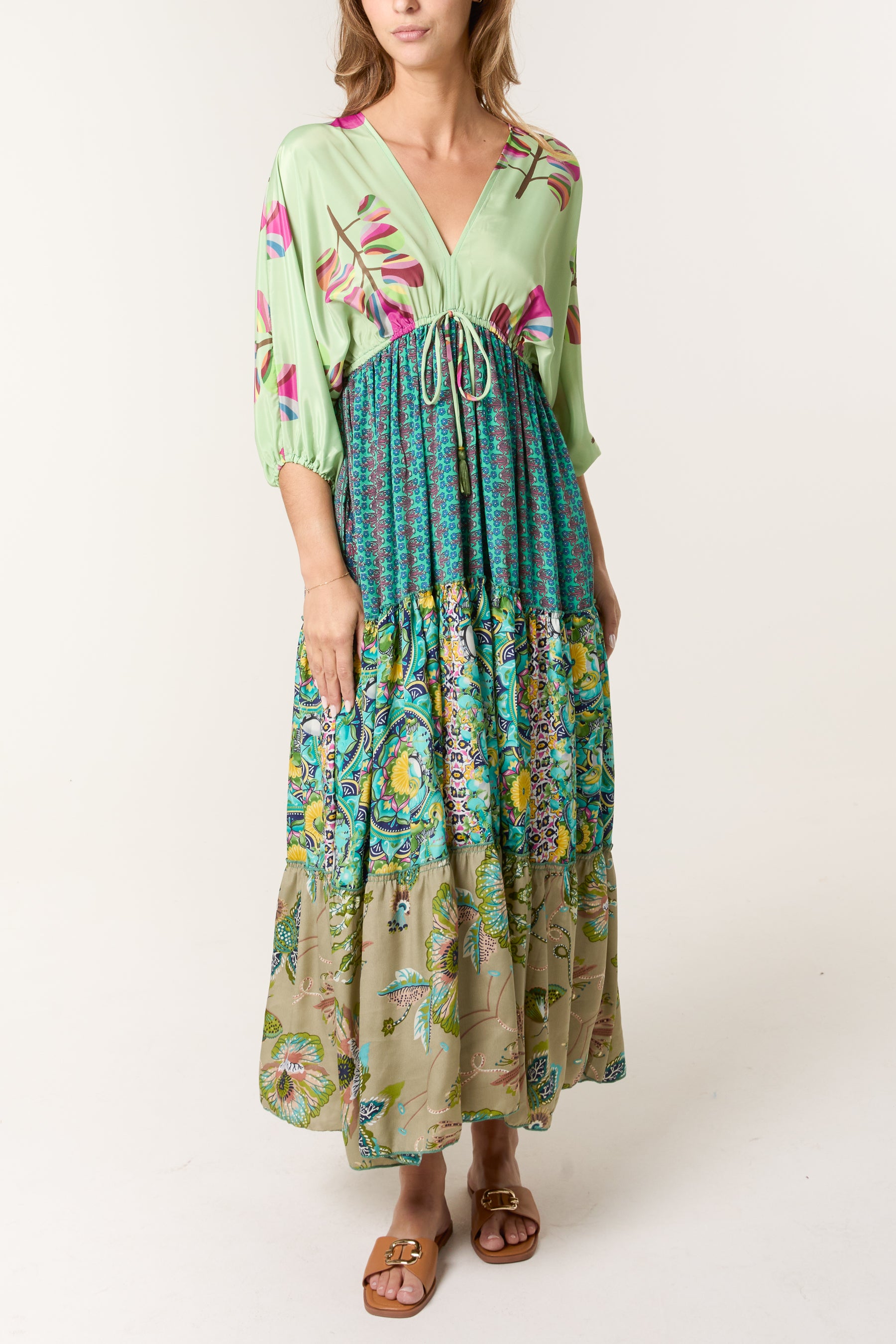 Random Mixed Print Double V-Neck Dress