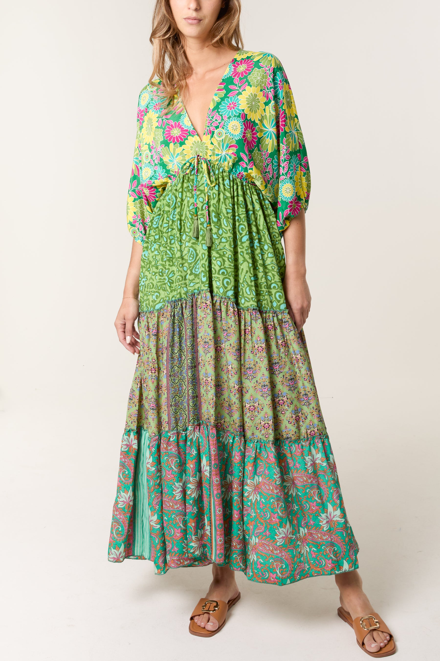 Random Mixed Print Double V-Neck Dress