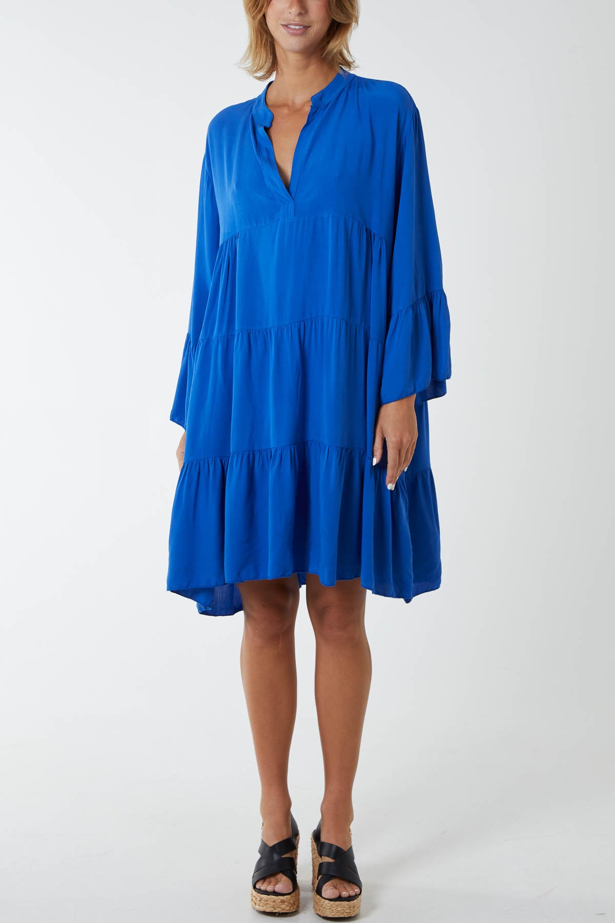 Open Collared Tiered Smock Dress