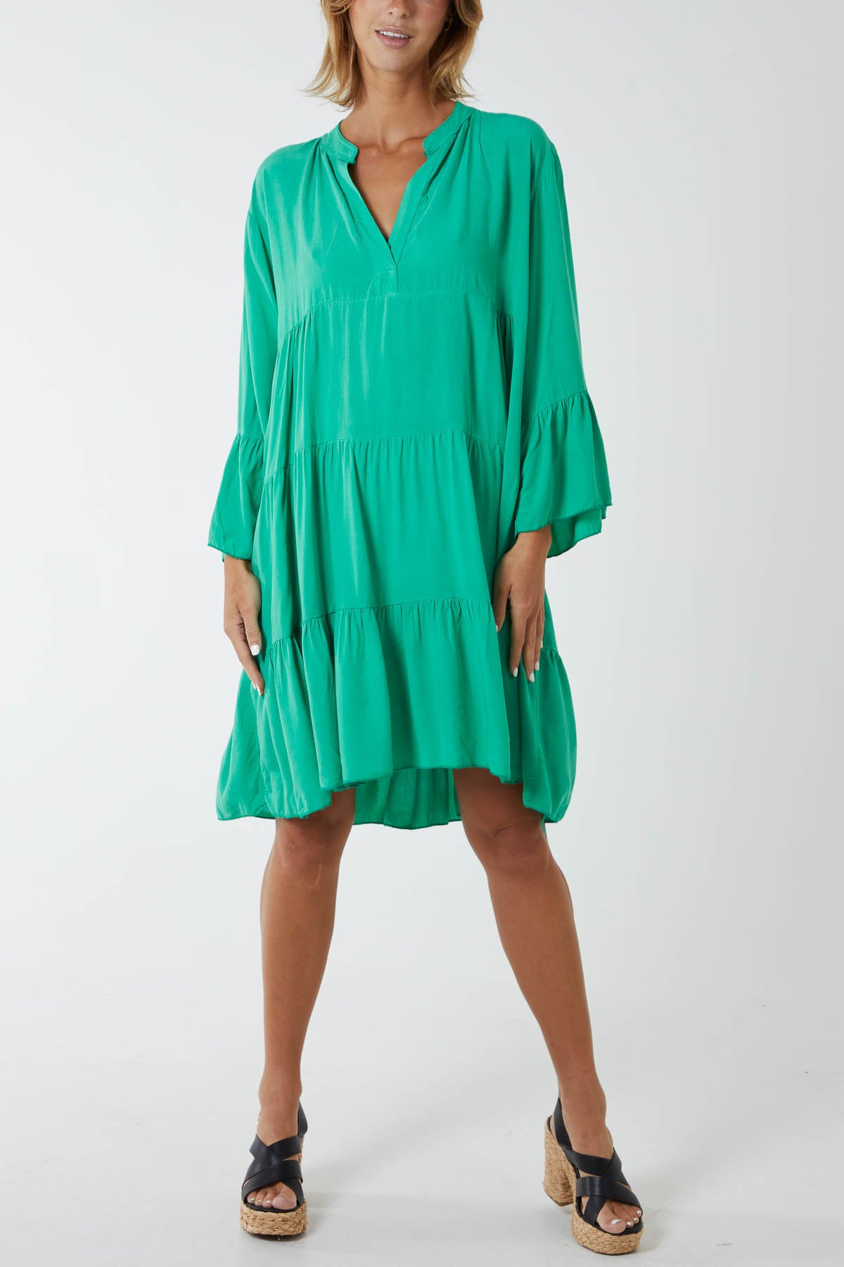 Open Collared Tiered Smock Dress