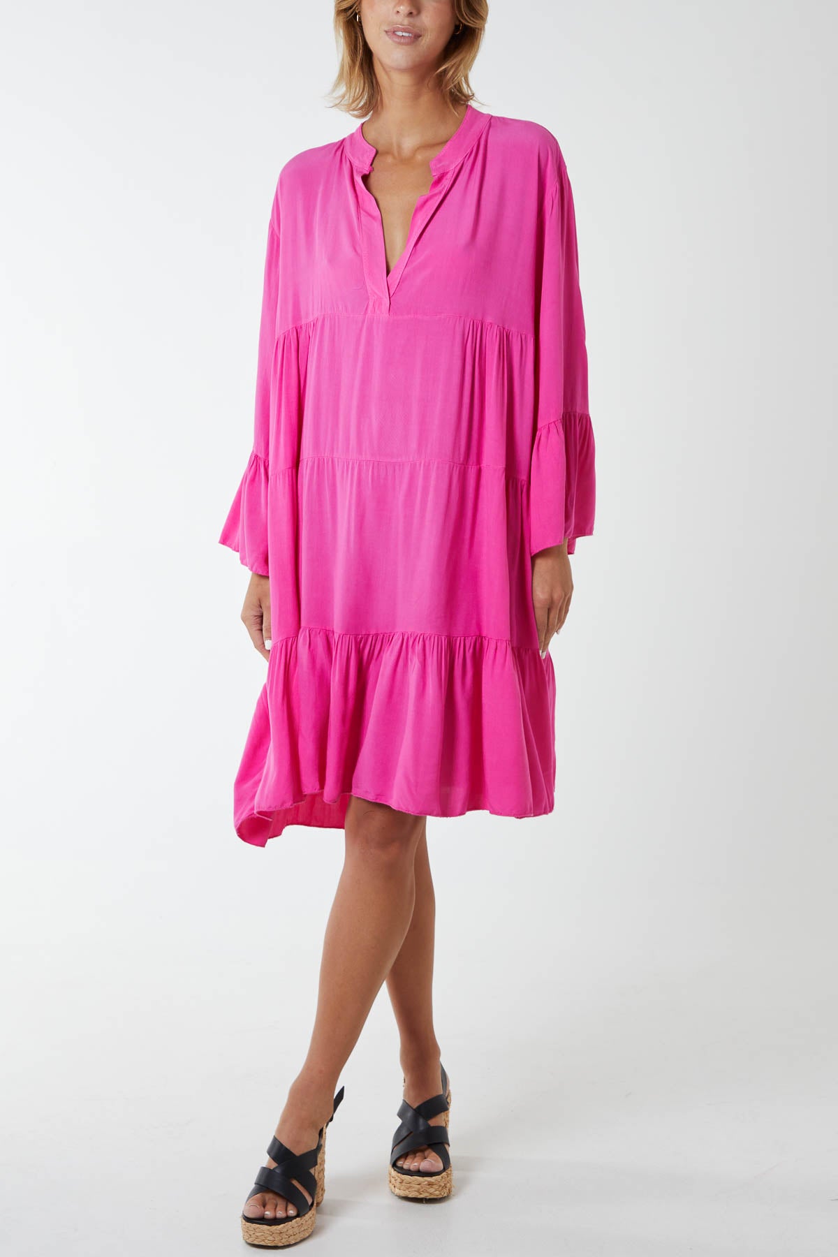 Open Collared Tiered Smock Dress