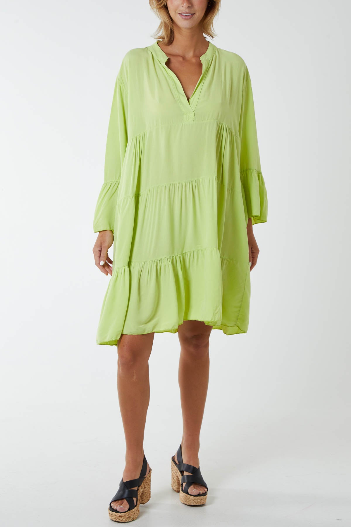 Open Collared Tiered Smock Dress