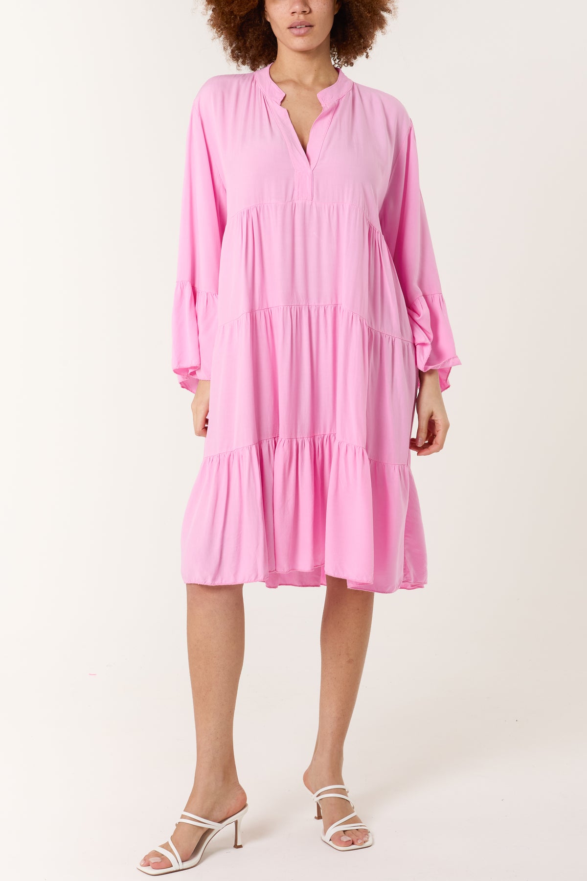 Open Collared Tiered Smock Dress