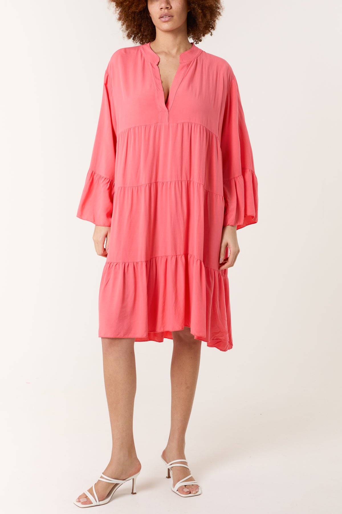 Open Collared Tiered Smock Dress