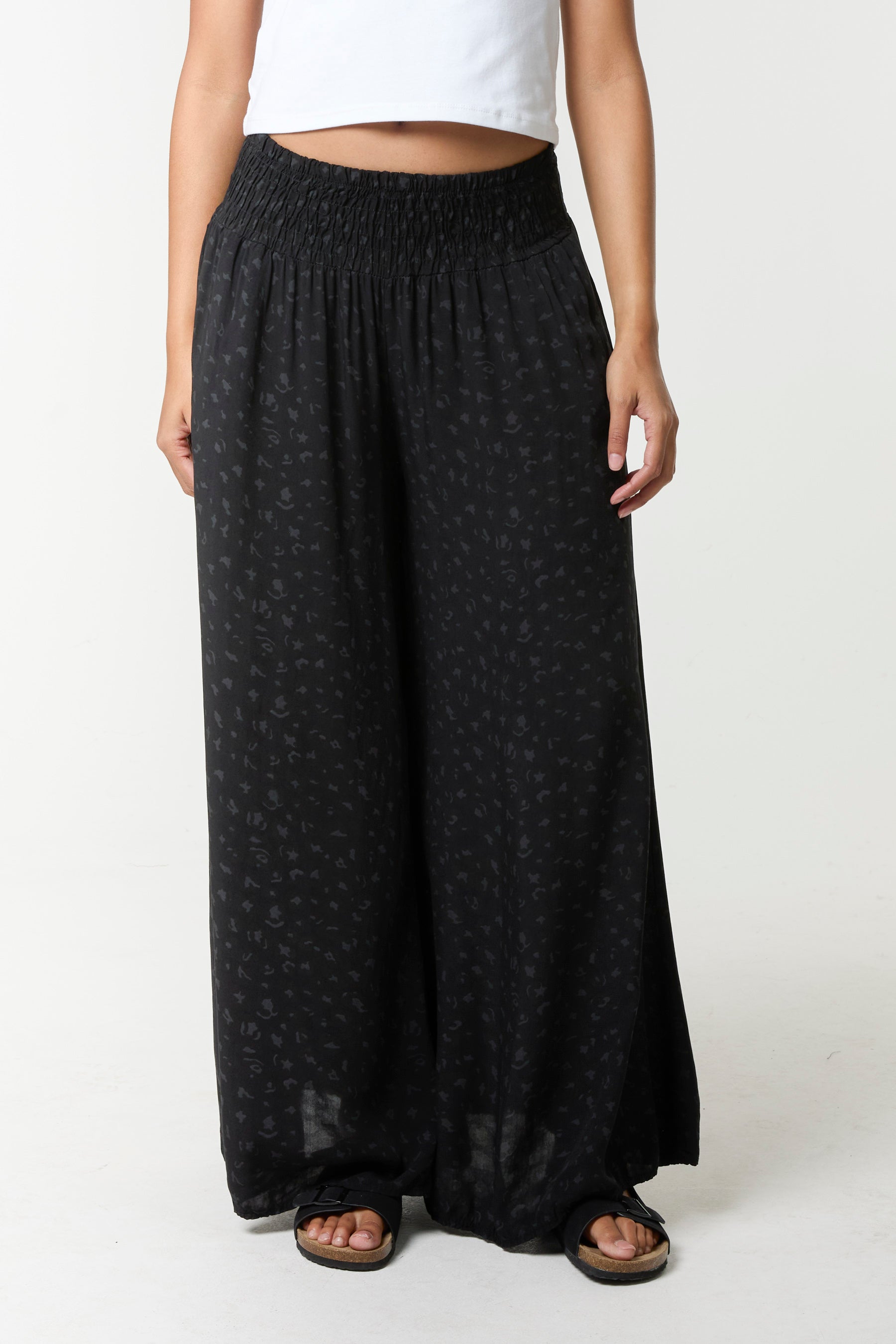 Leopard Print Ruched Waist Wide Leg Trousers