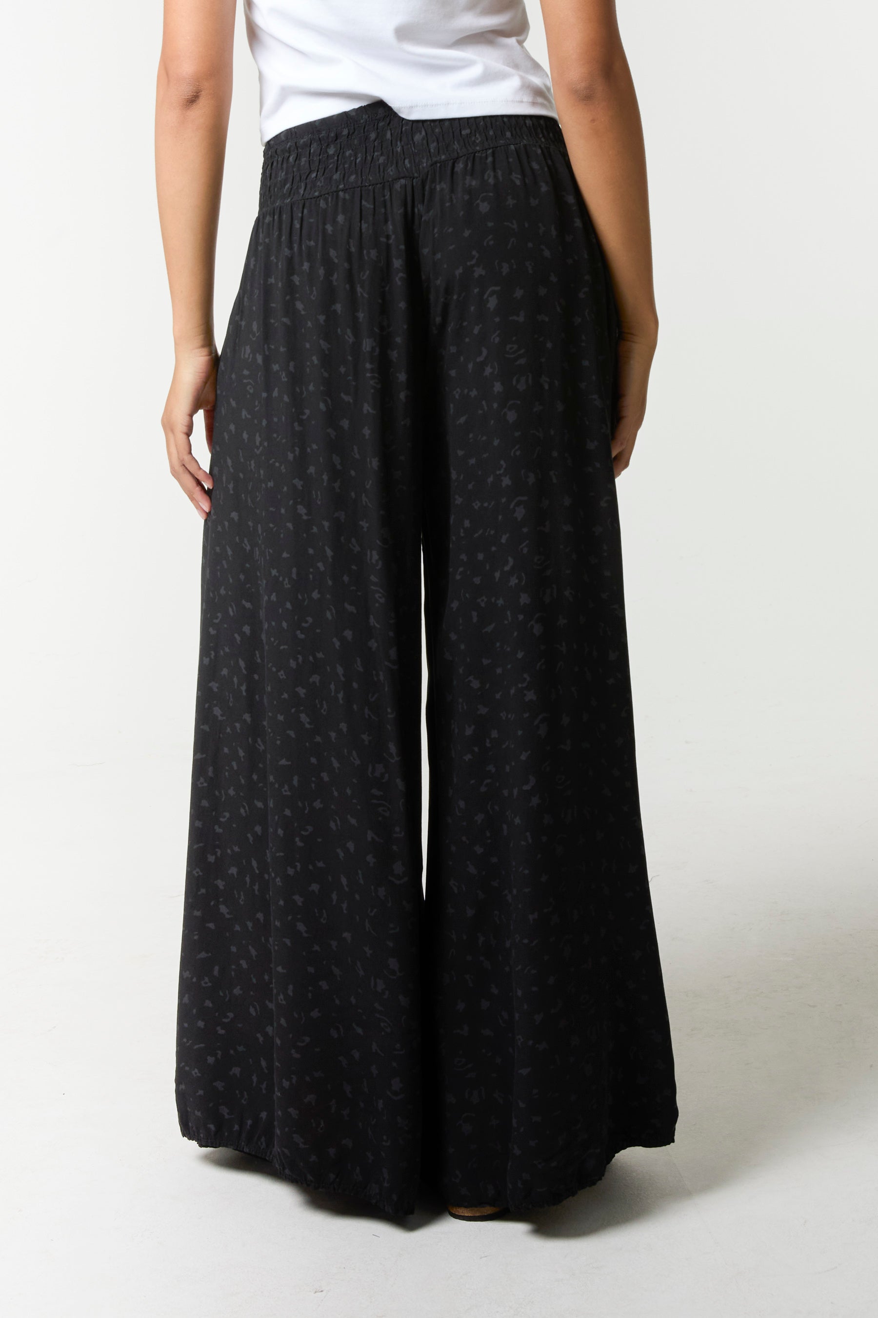 Leopard Print Ruched Waist Wide Leg Trousers