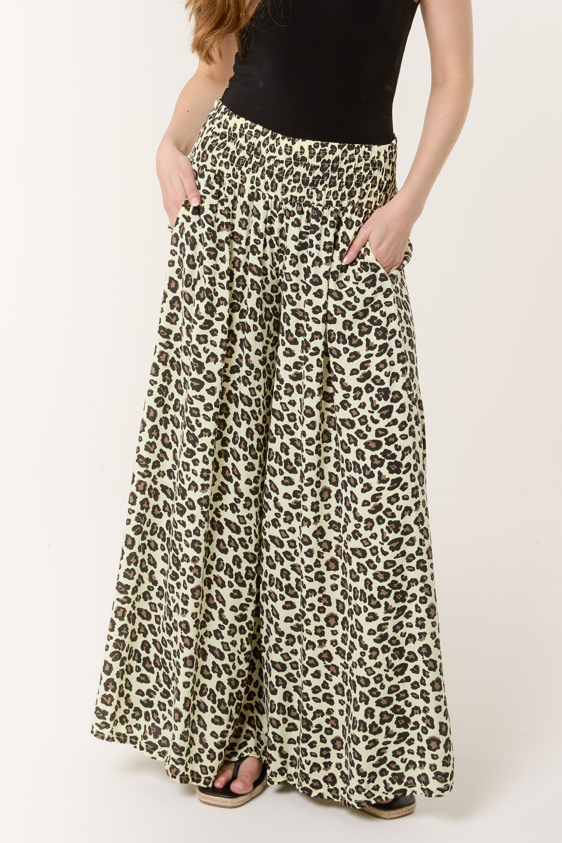 Leopard Print Ruched Waist Wide Leg Trousers