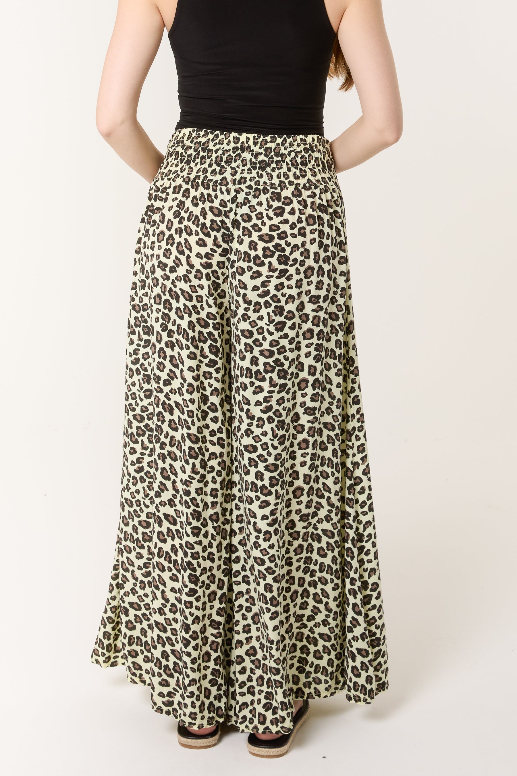 Leopard Print Ruched Waist Wide Leg Trousers