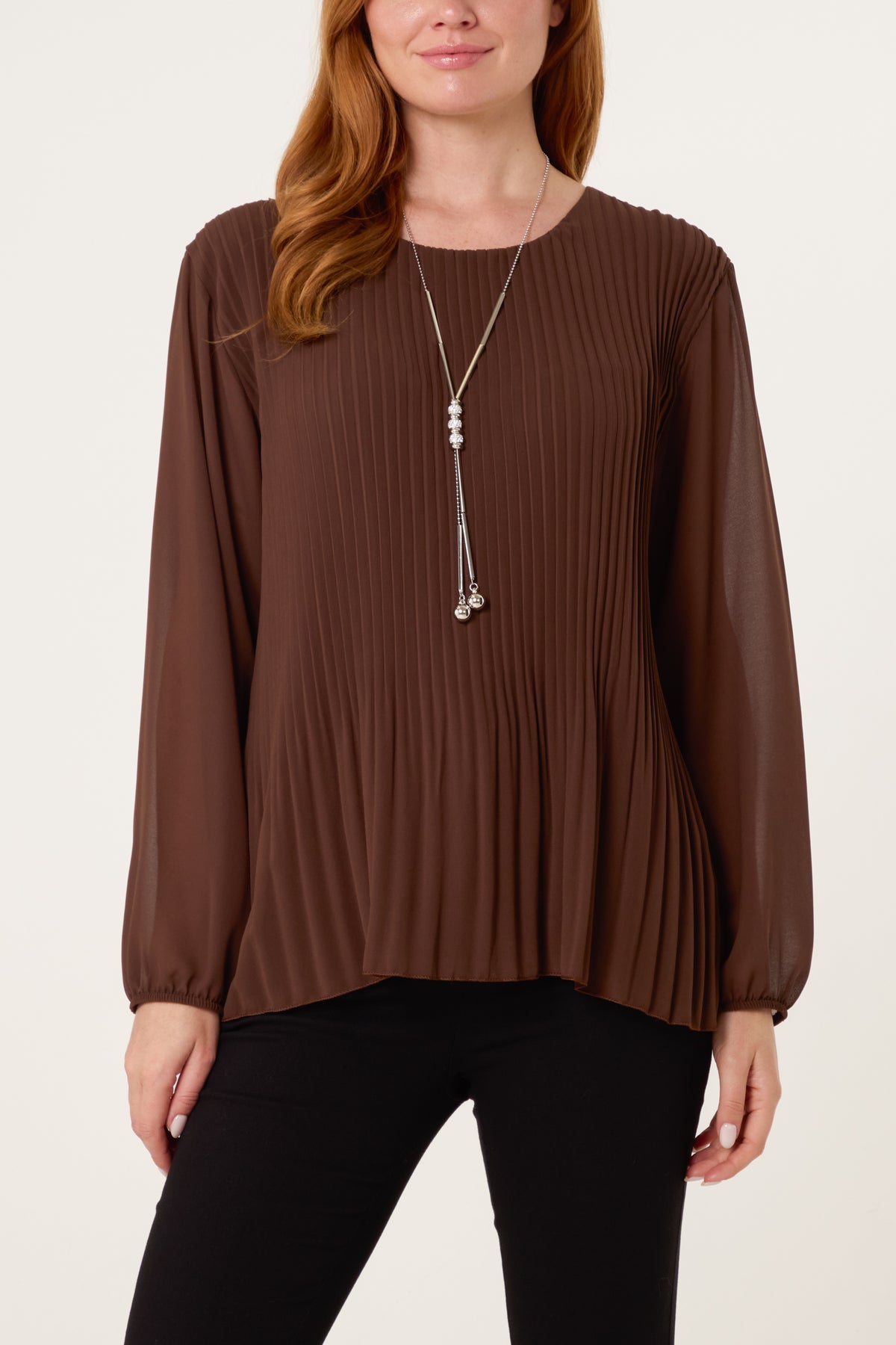 Pleated Long Sleeve Necklace Top