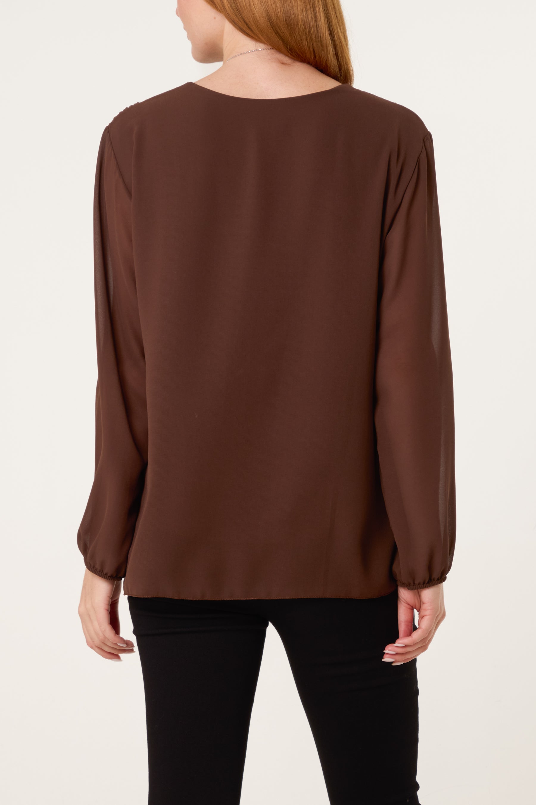 Pleated Long Sleeve Necklace Top
