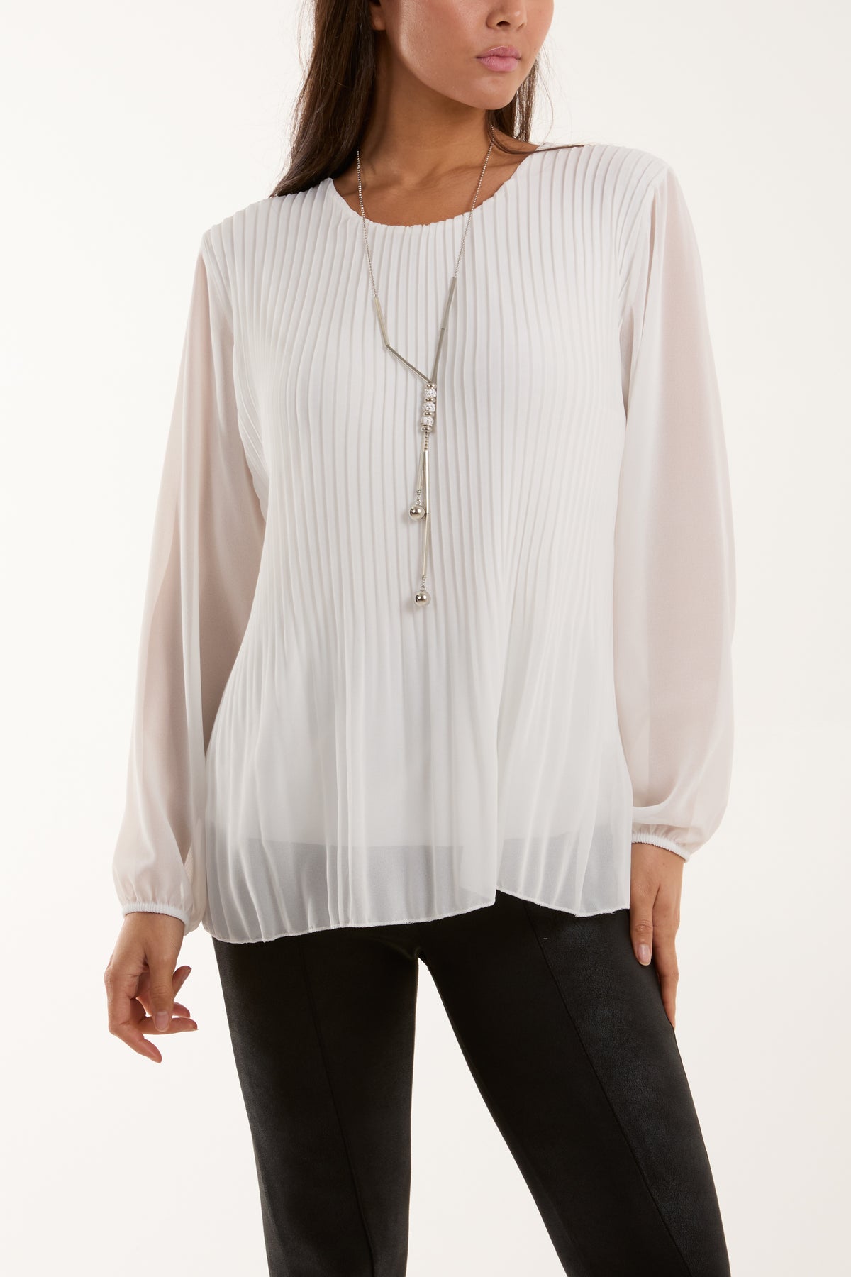 Pleated Long Sleeve Necklace Top