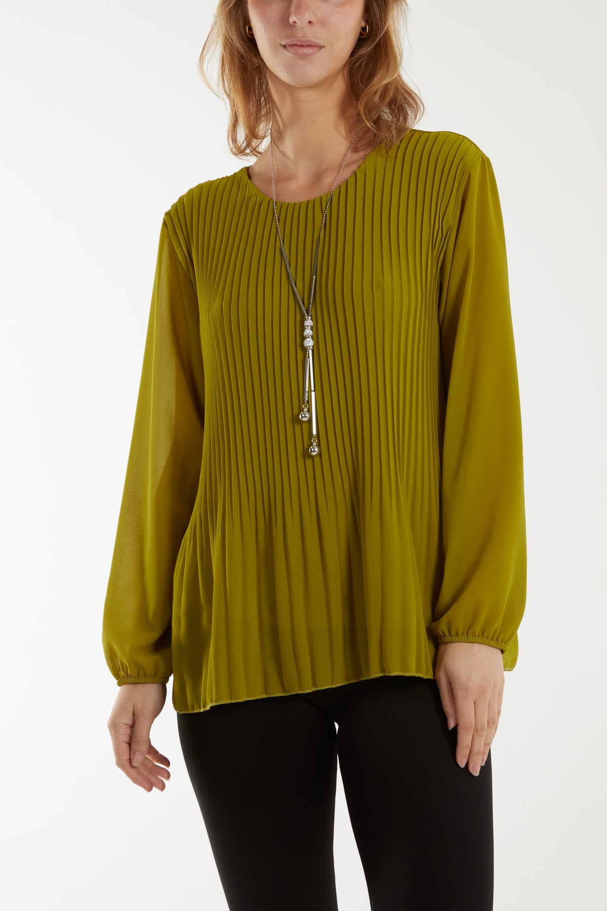 Pleated Long Sleeve Necklace Top