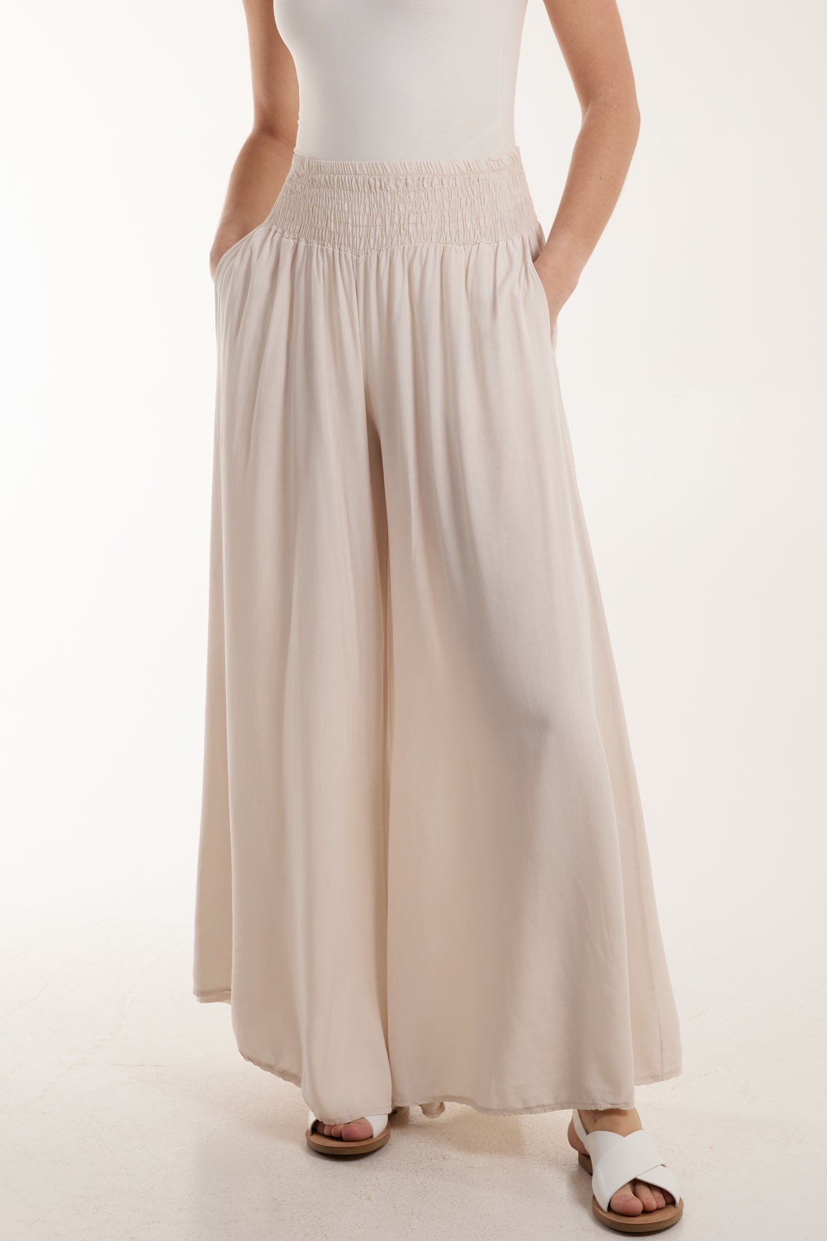 Shirred Deep Waist Band Wide Culottes