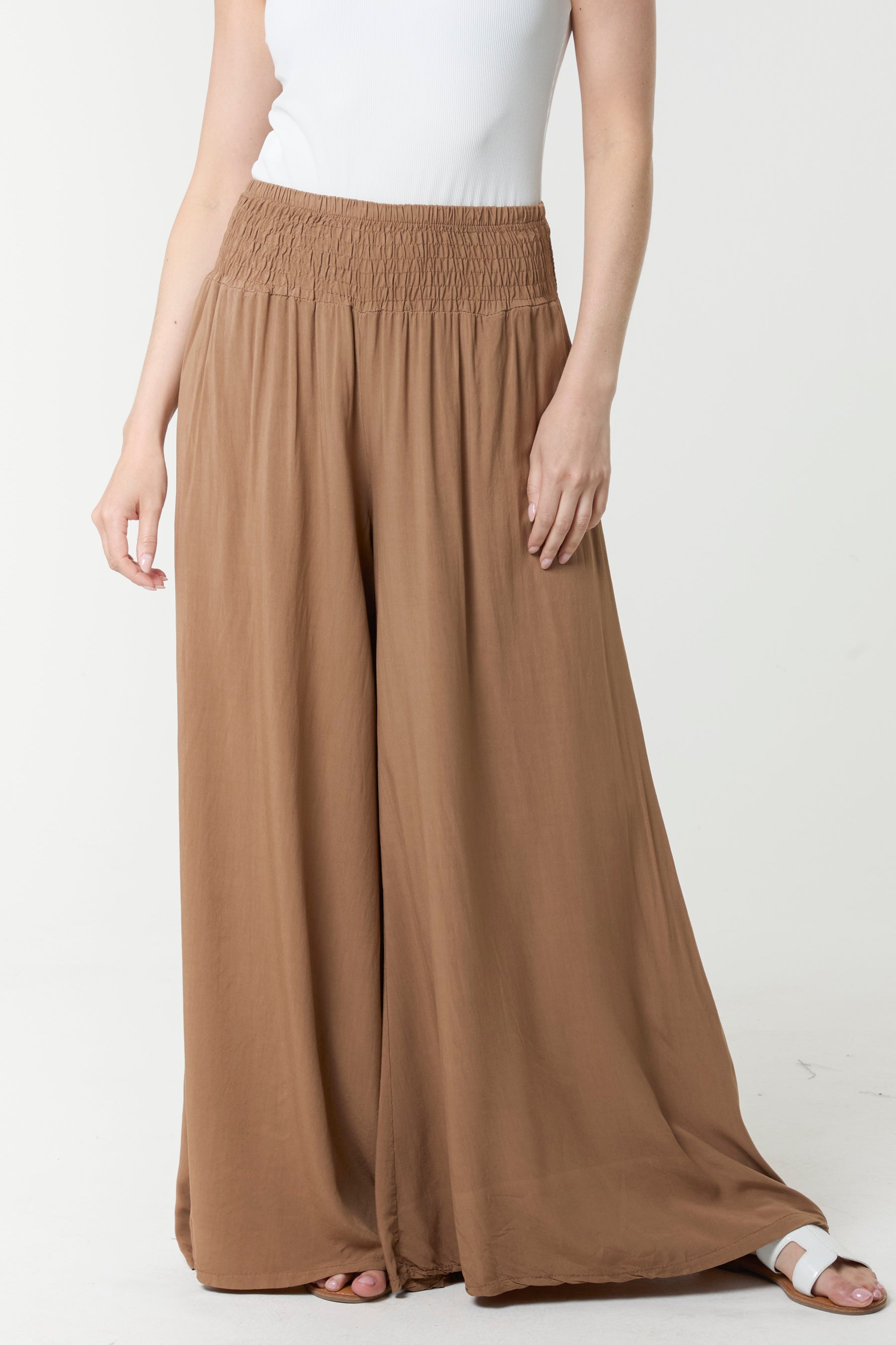 Shirred Deep Waist Band Wide Culottes