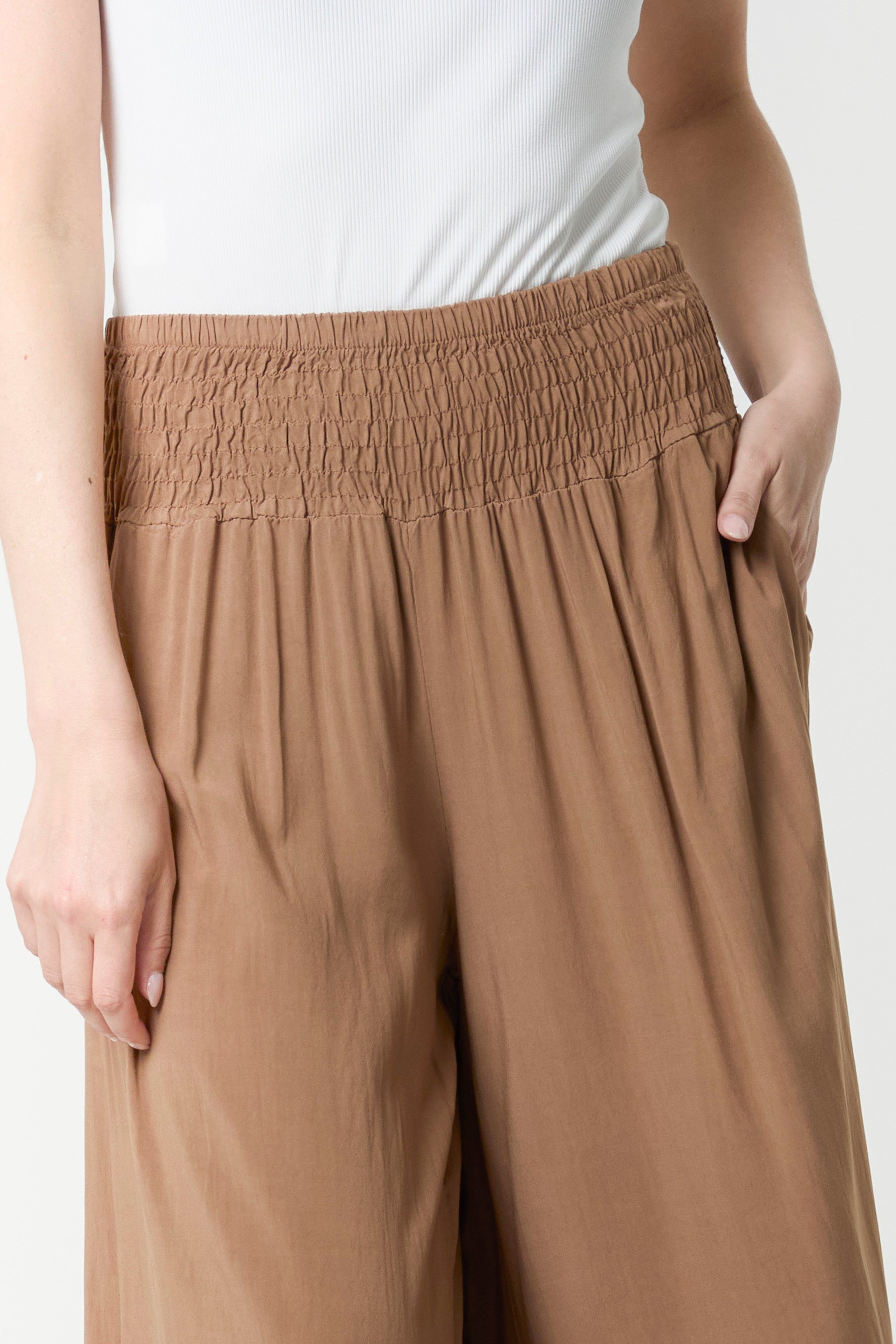 Shirred Deep Waist Band Wide Culottes