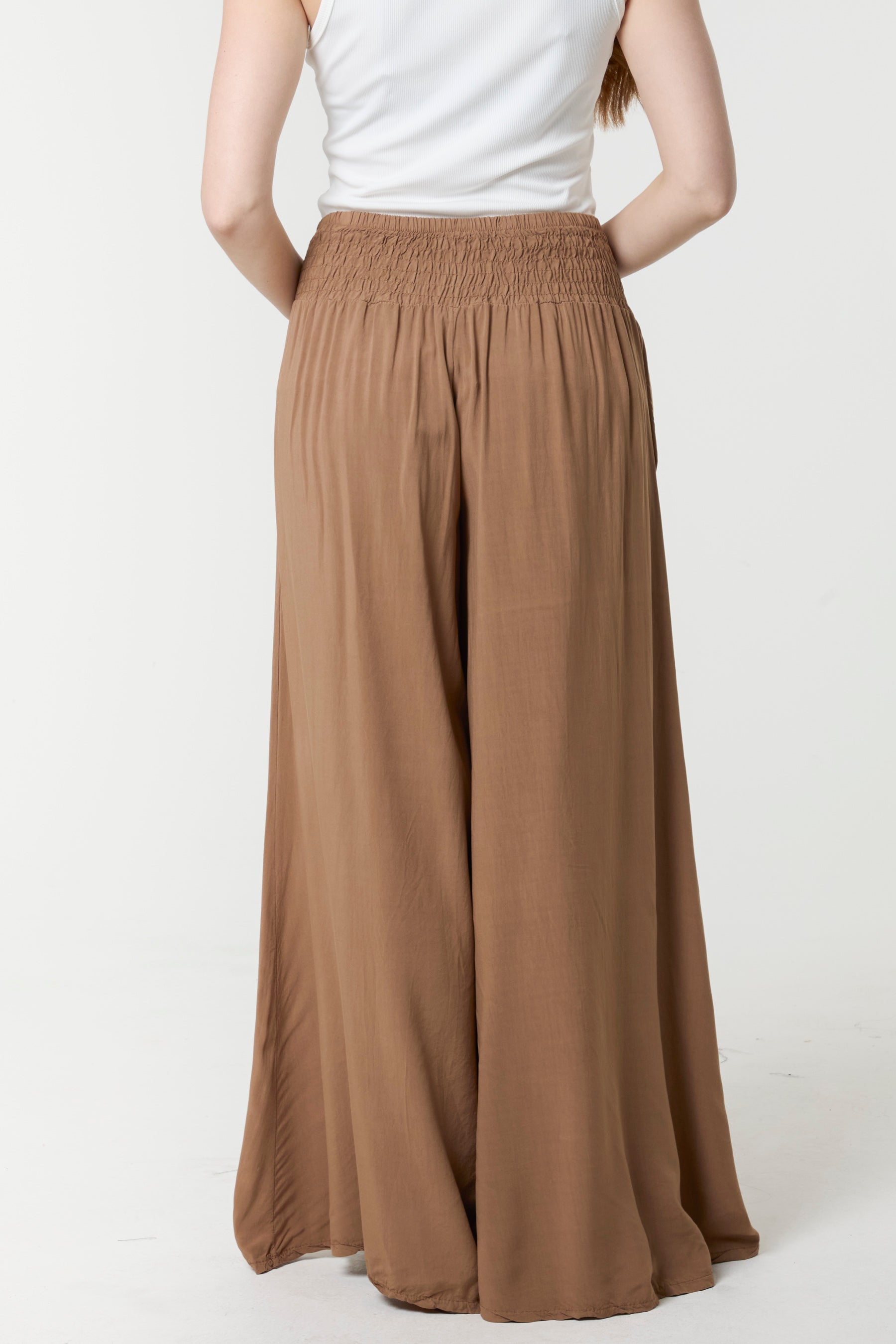 Shirred Deep Waist Band Wide Culottes