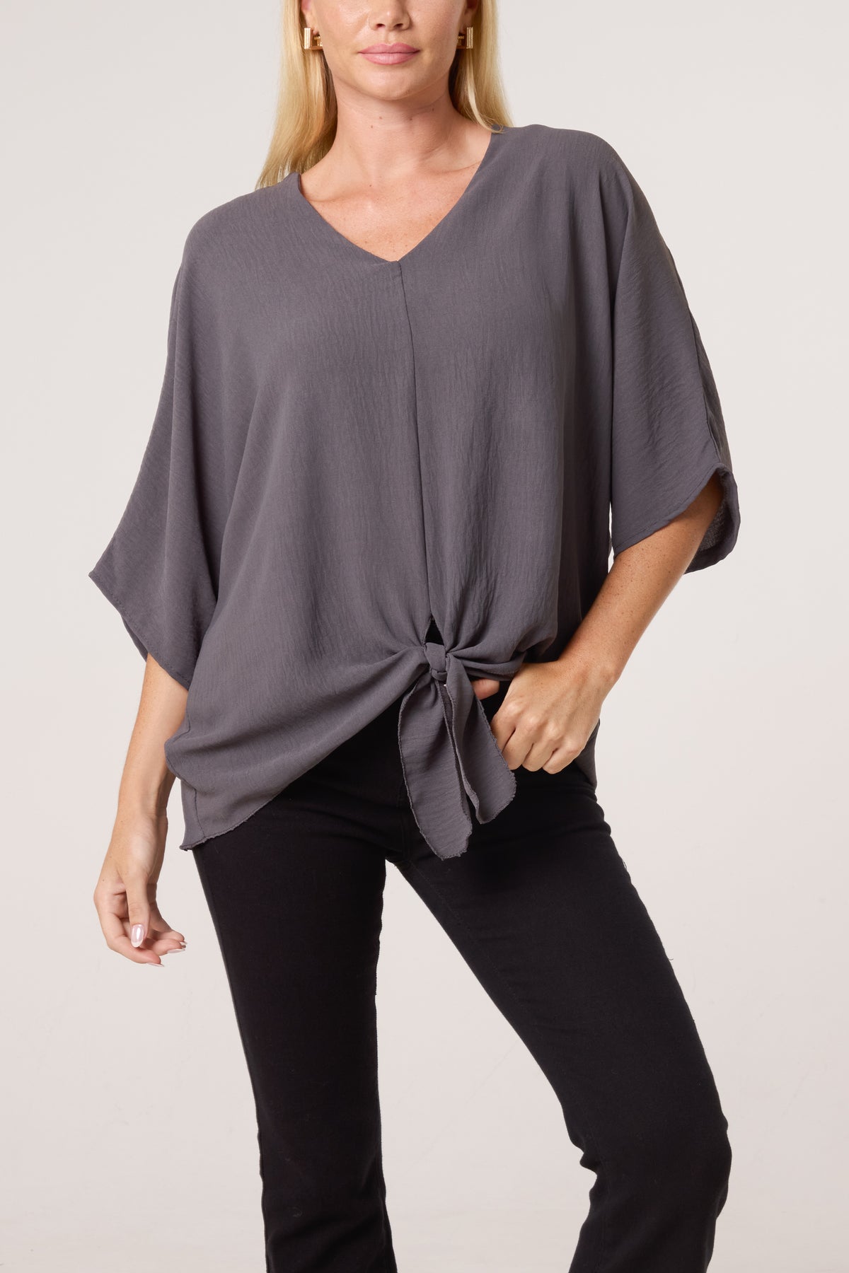 V-Neck Centre Front Tie Hem Blouse