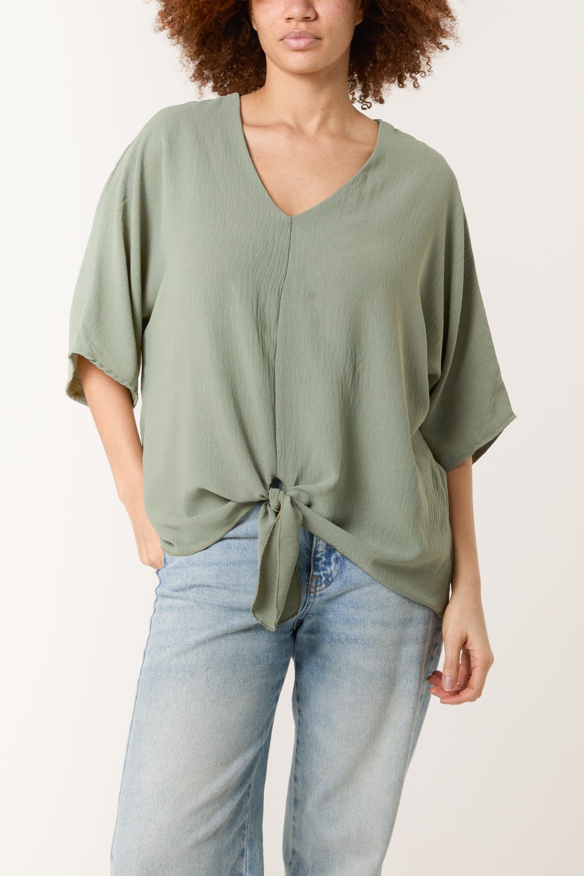 V-Neck Centre Front Tie Hem Blouse