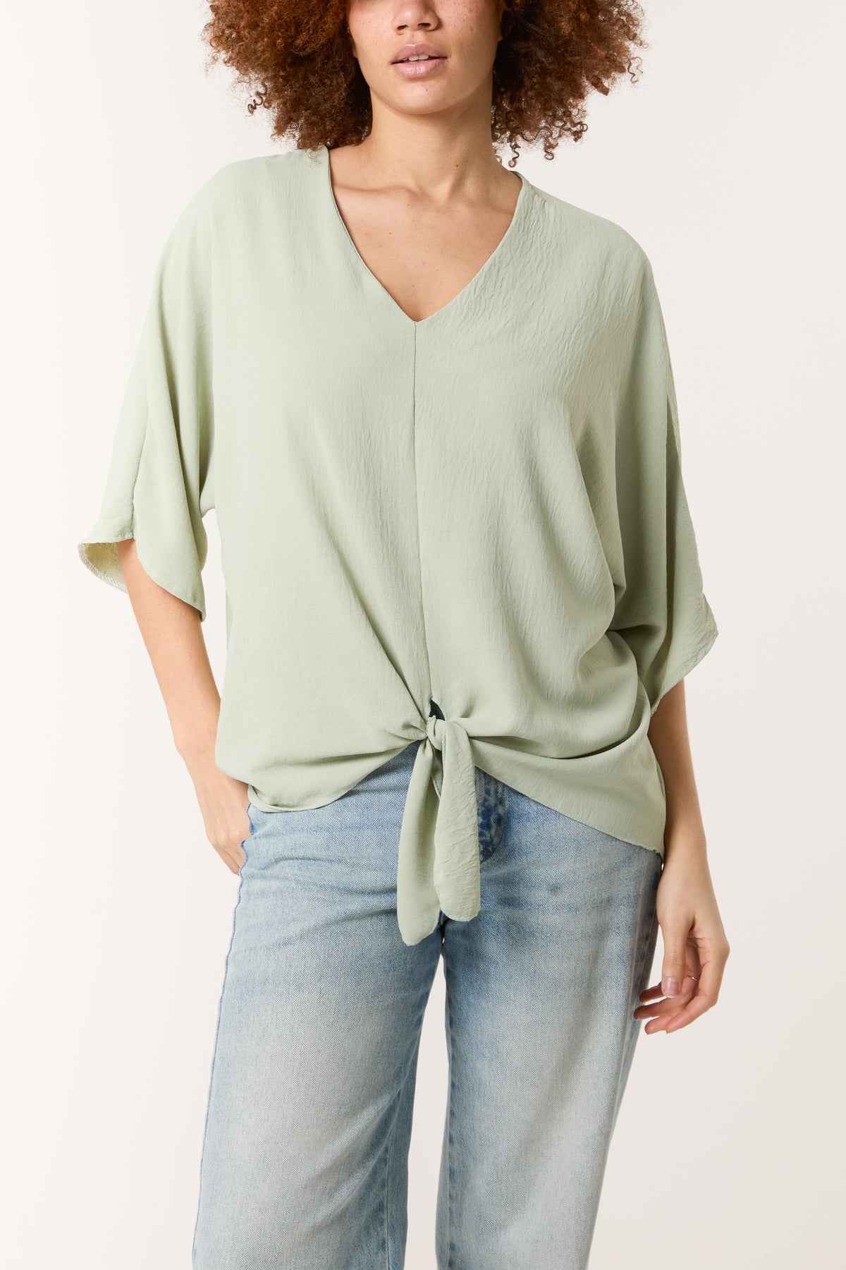 V-Neck Centre Front Tie Hem Blouse
