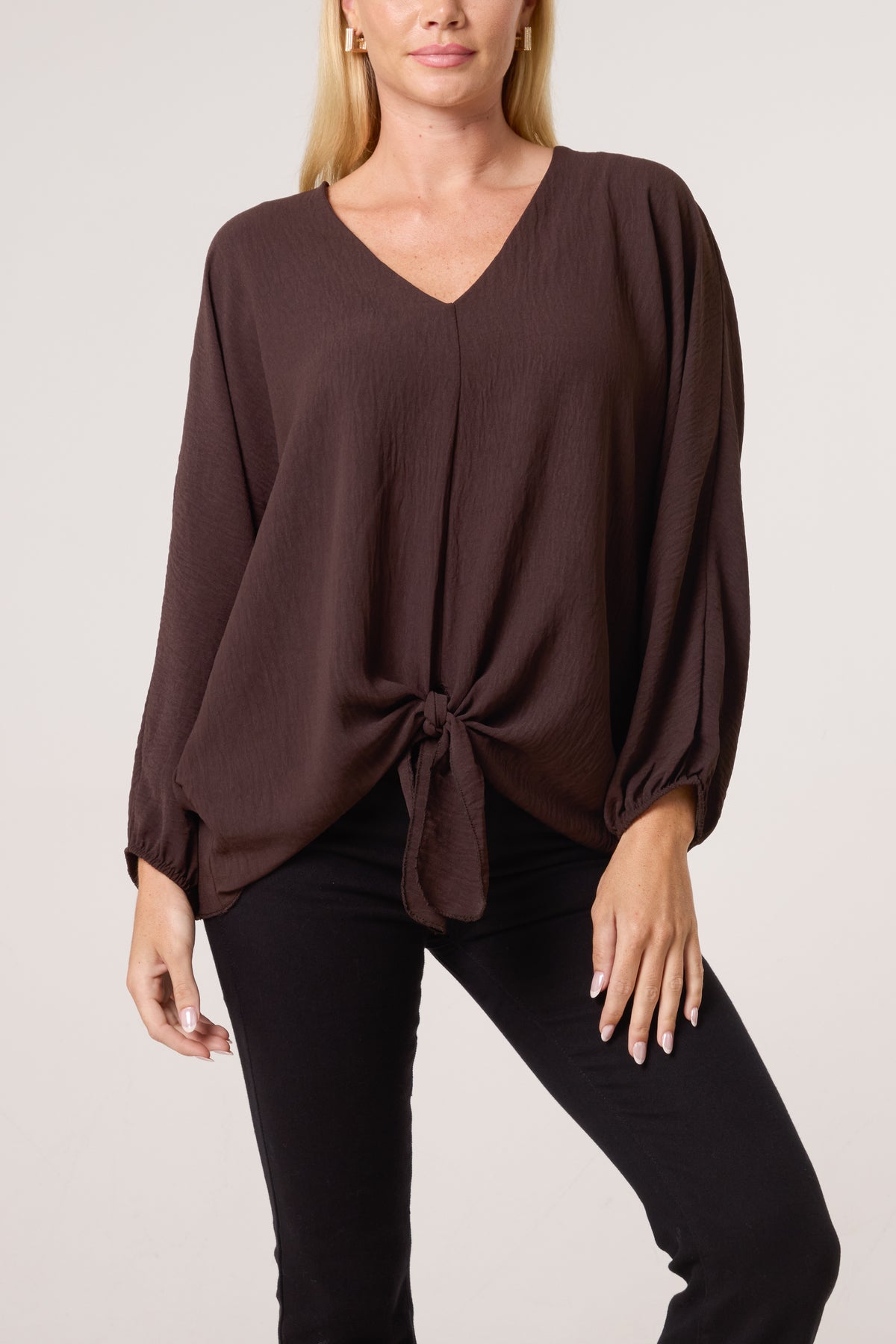 V-Neck Long Sleeve Tie Front Blouse