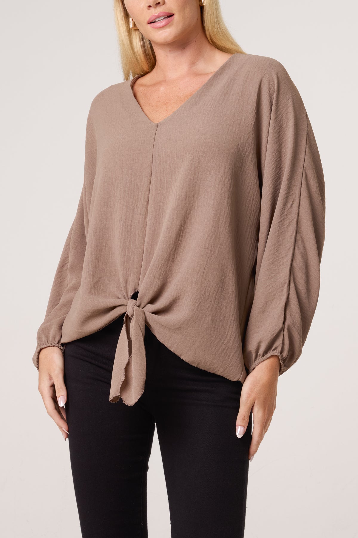 V-Neck Long Sleeve Tie Front Blouse
