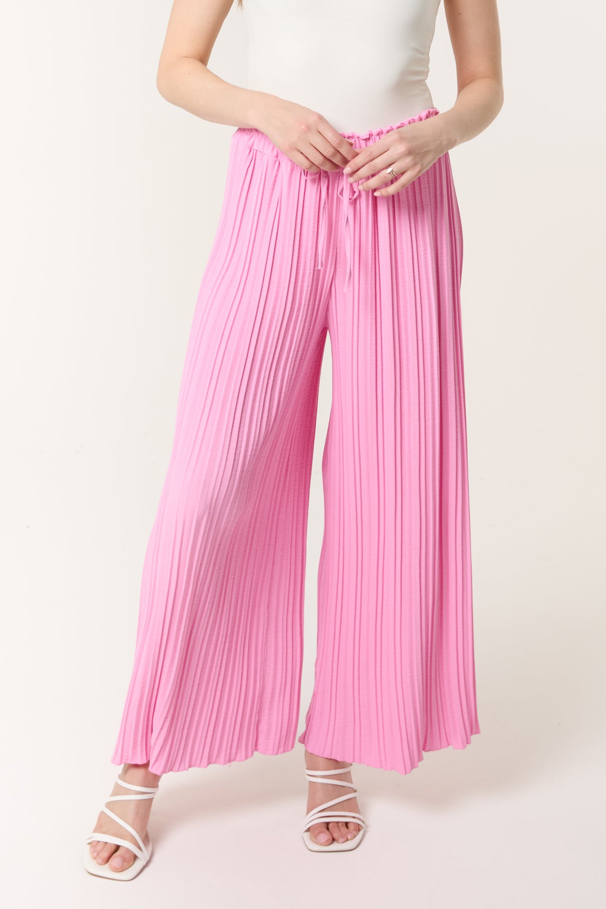Wide Leg Plisse Drawstring Trousers
