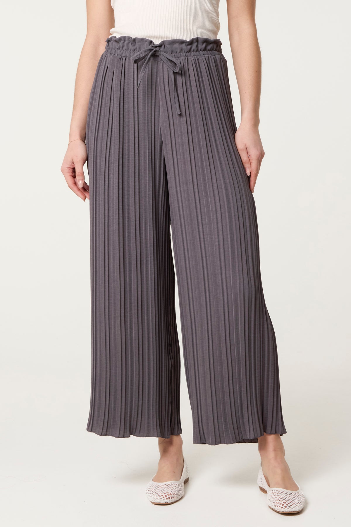 Wide Leg Plisse Drawstring Trousers