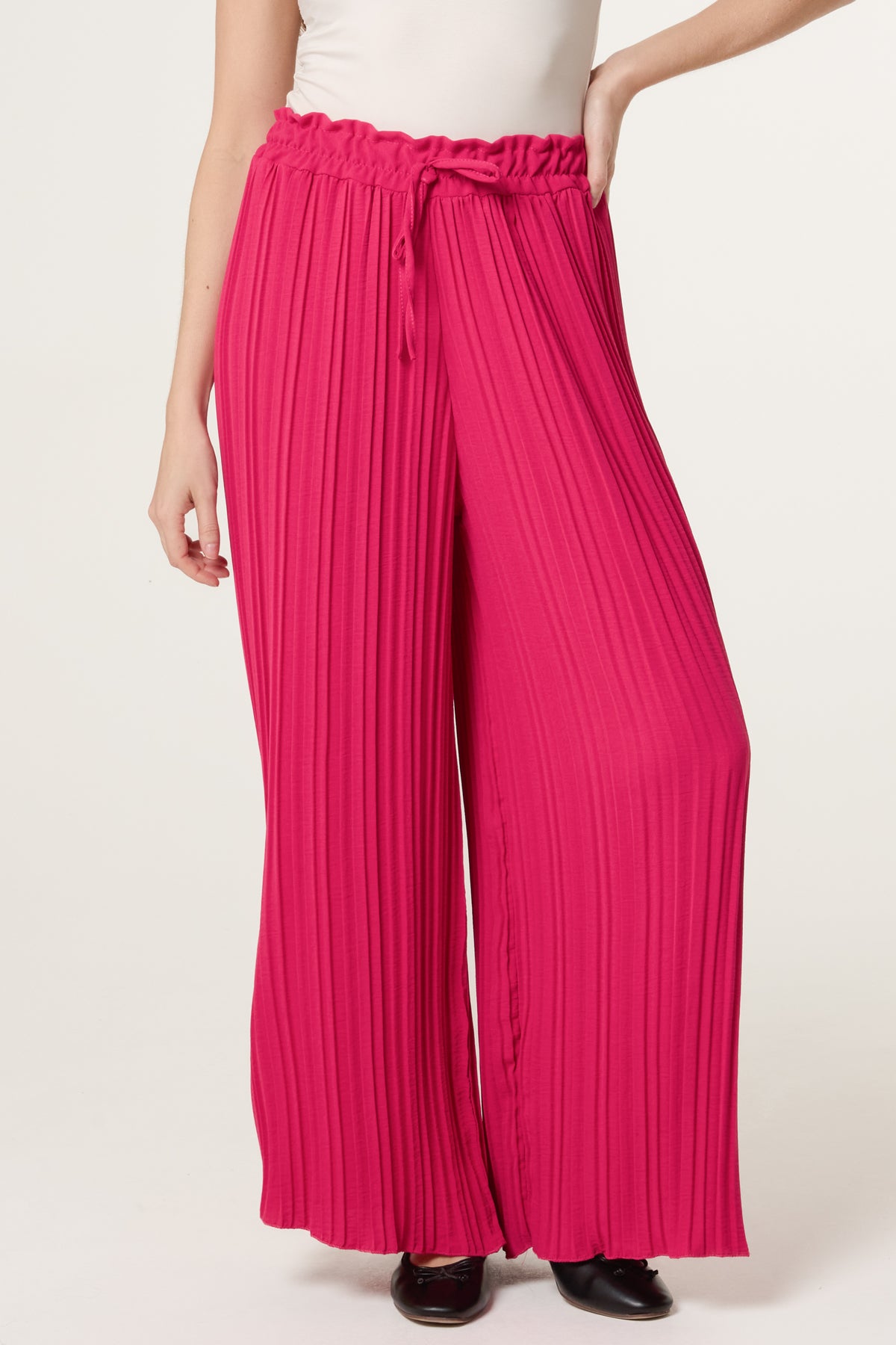 Wide Leg Plisse Drawstring Trousers