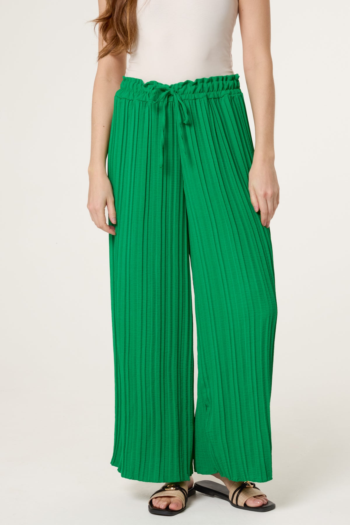 Wide Leg Plisse Drawstring Trousers