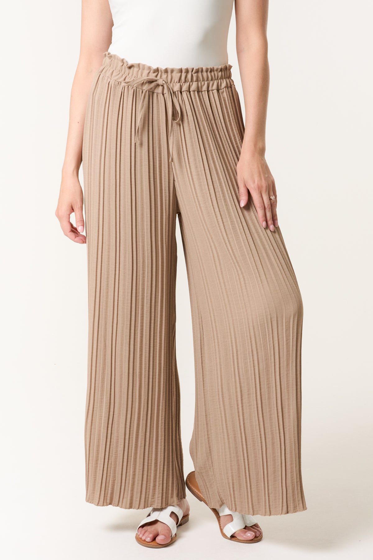 Wide Leg Plisse Drawstring Trousers