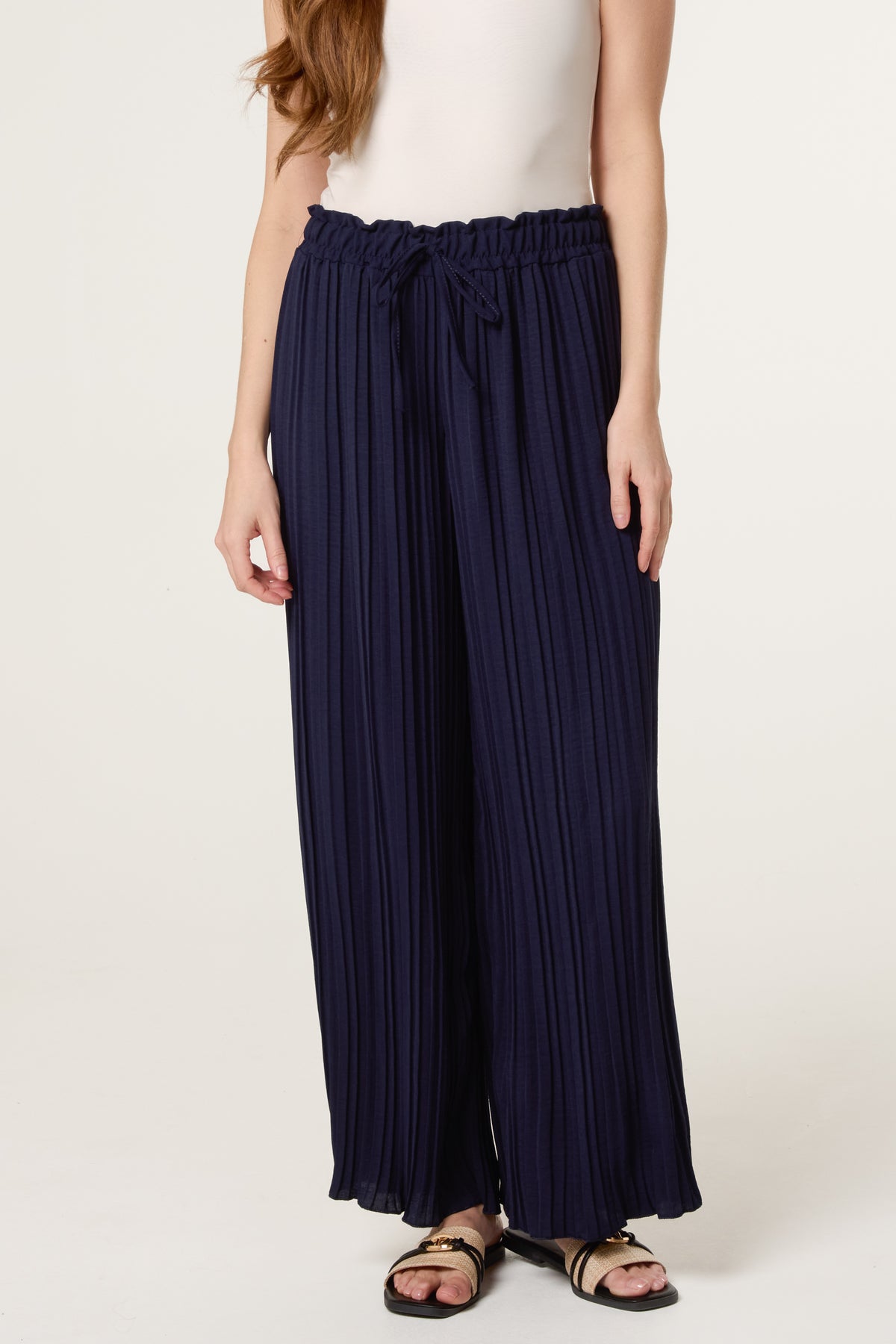 Wide Leg Plisse Drawstring Trousers