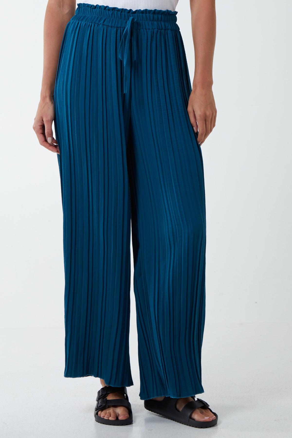 Wide Leg Plisse Drawstring Trousers