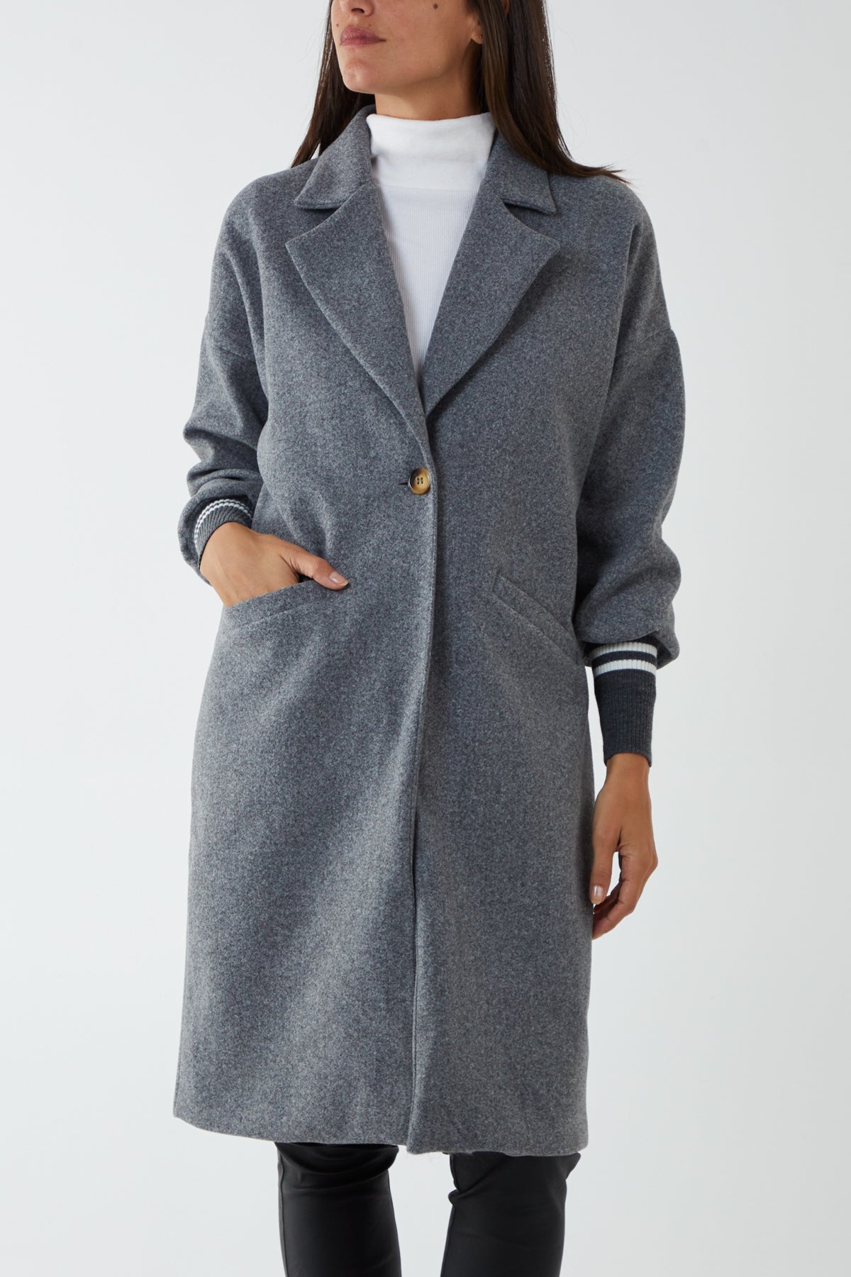 Ribbed Cuff Sports Stripe Bishop Sleeve Coat