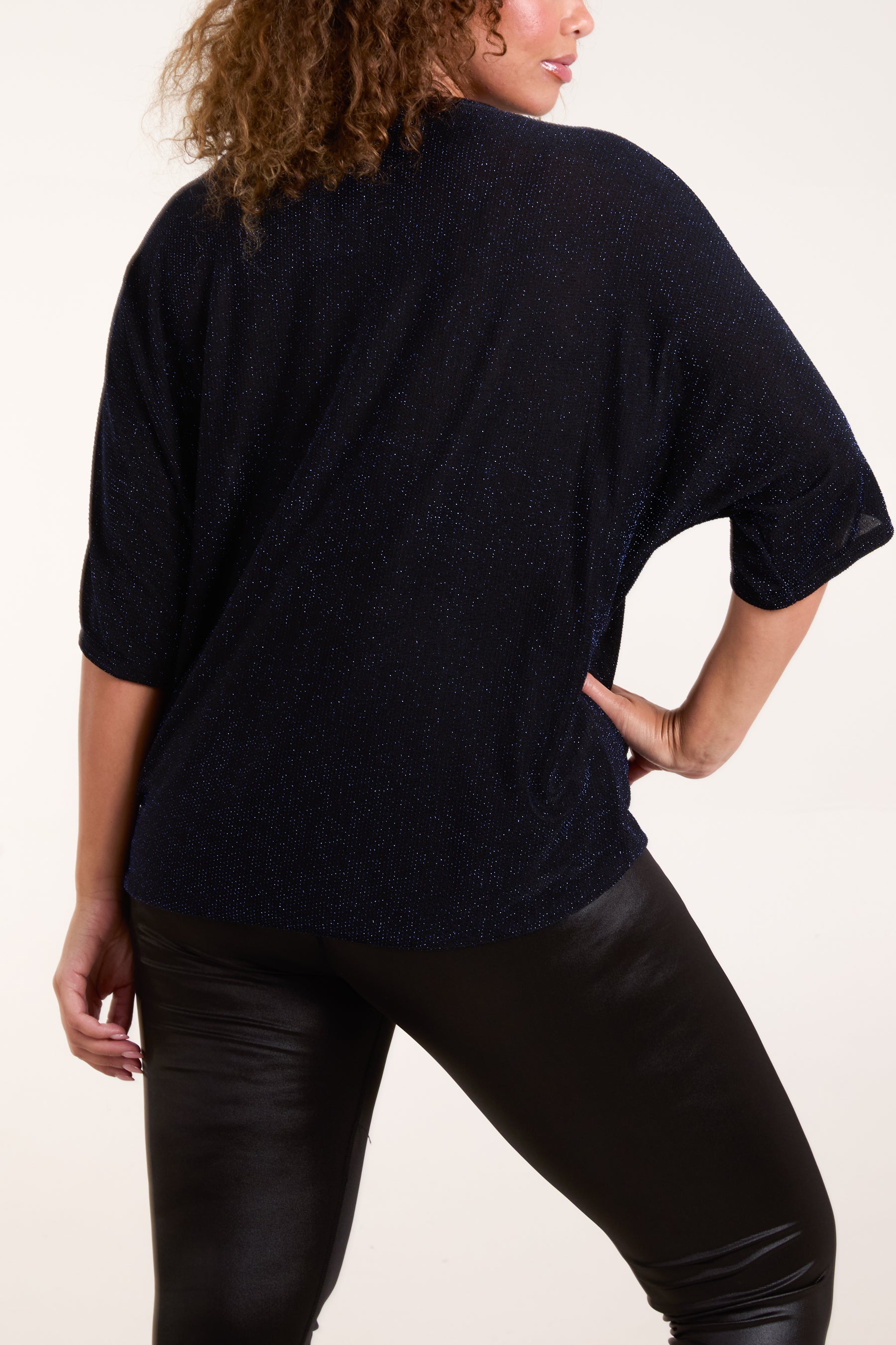 Glitter Lurex Tie Front Hem Blouse