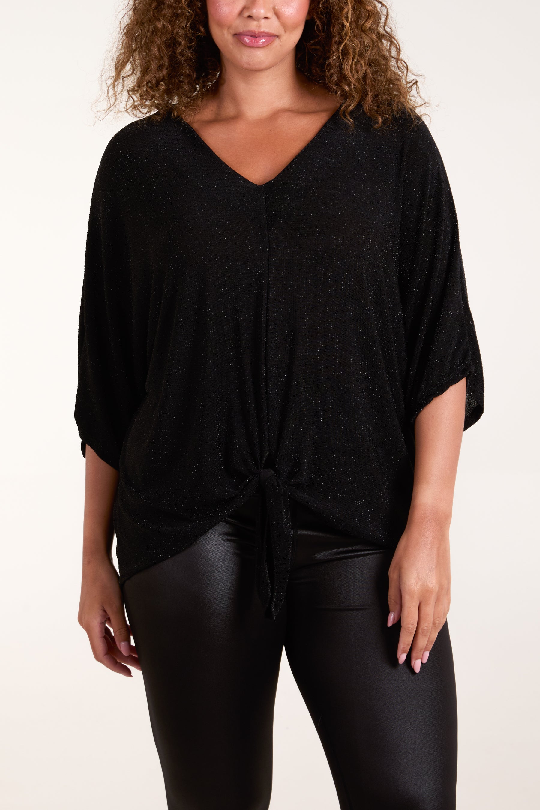 Glitter Lurex Tie Front Hem Blouse