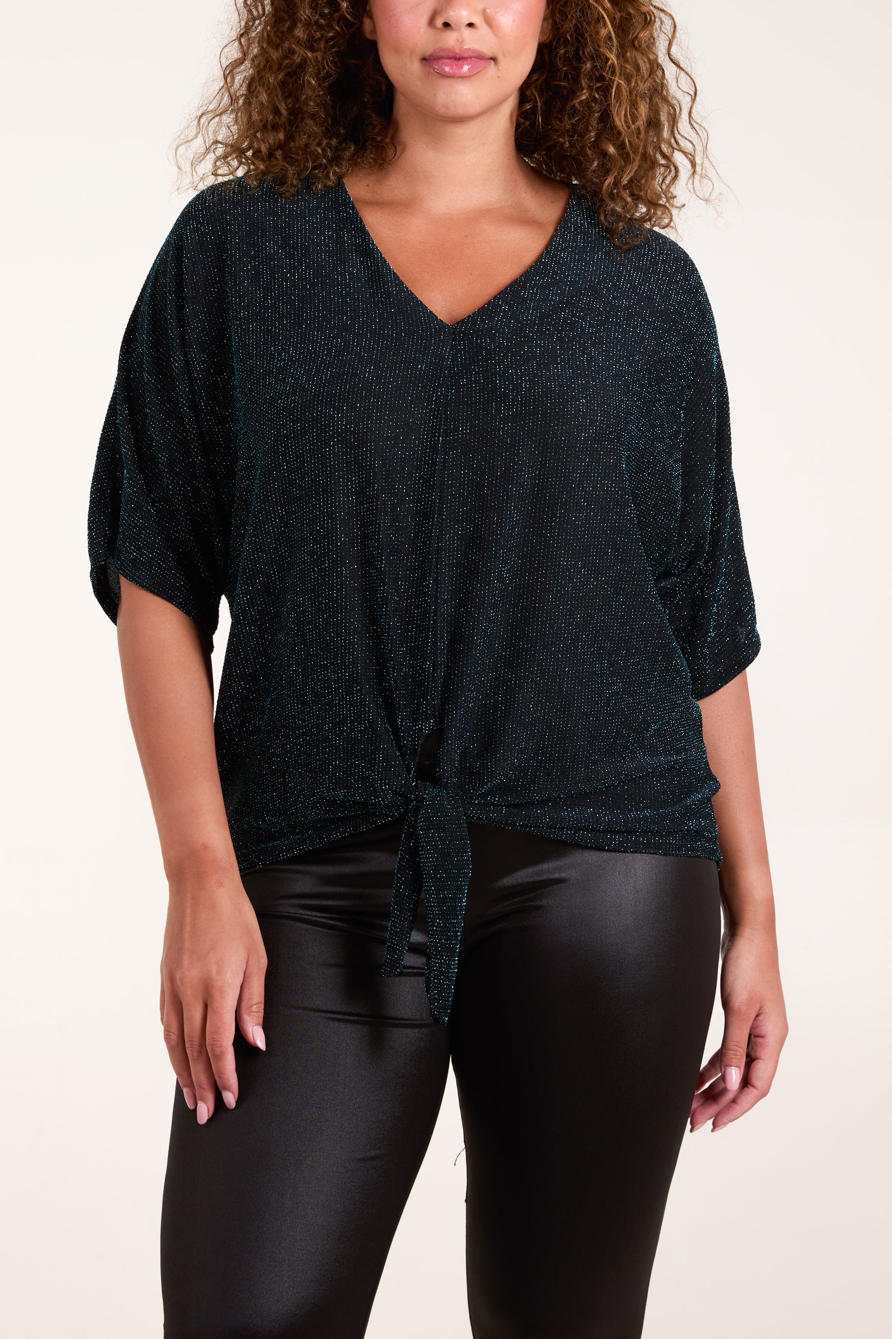 Glitter Lurex Tie Front Hem Blouse