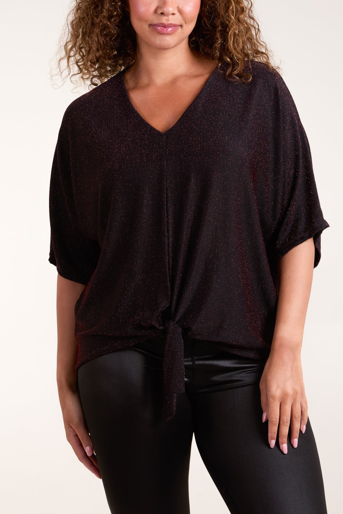 Glitter Lurex Tie Front Hem Blouse