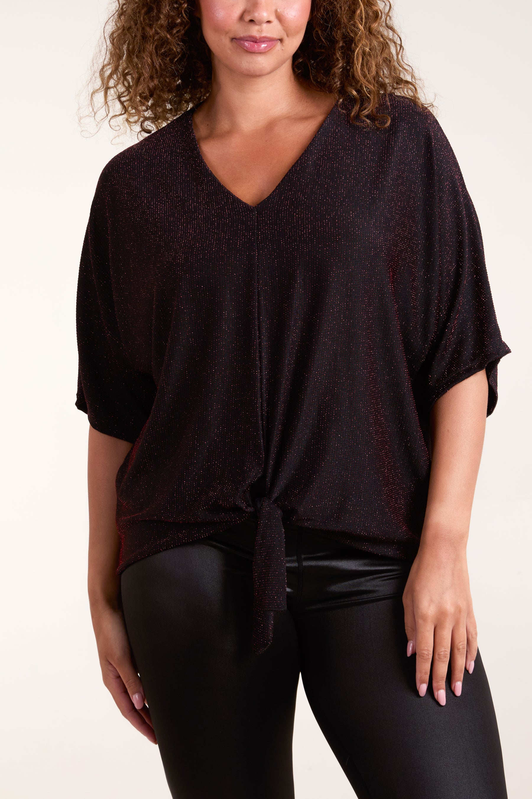 Glitter Lurex Tie Front Hem Blouse