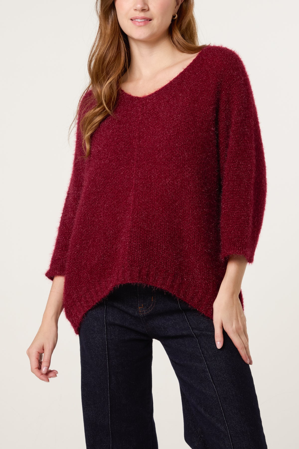 Fluffy V-Neck Exposed Seams Jumper