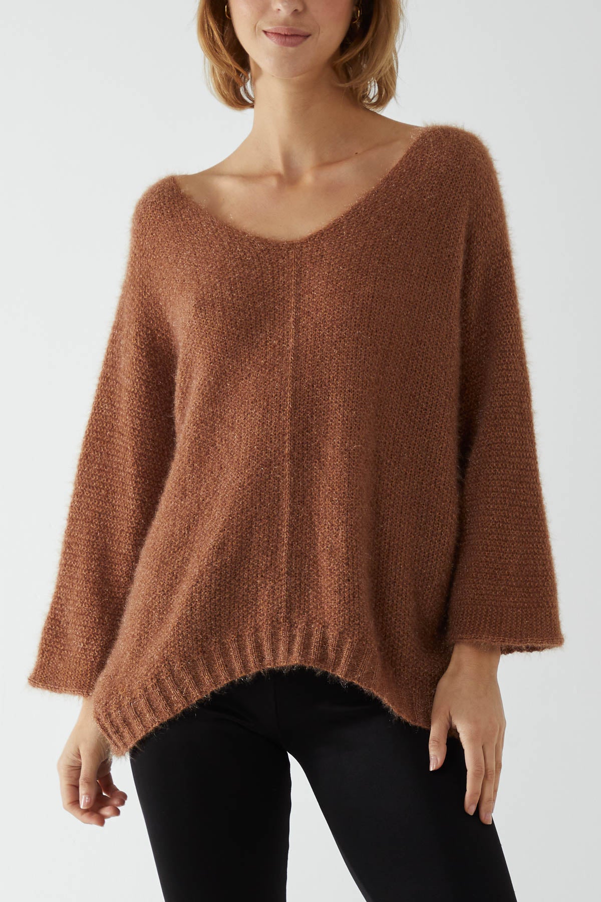 Fluffy V-Neck Exposed Seams Jumper